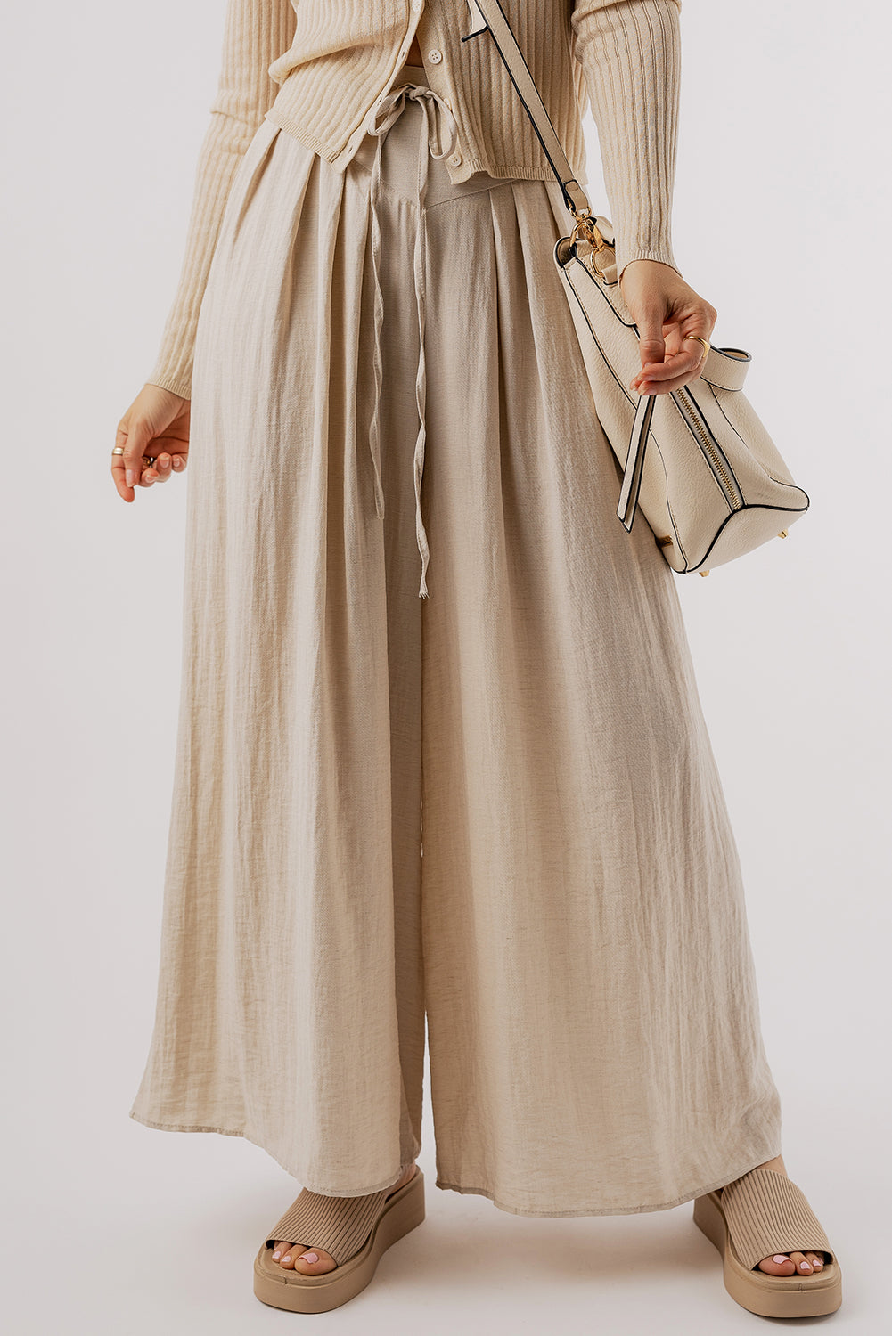 Tied Wide Leg Pants-BOTTOMS SIZES SMALL MEDIUM LARGE-[Adult]-[Female]-Beige-S-2022 Online Blue Zone Planet