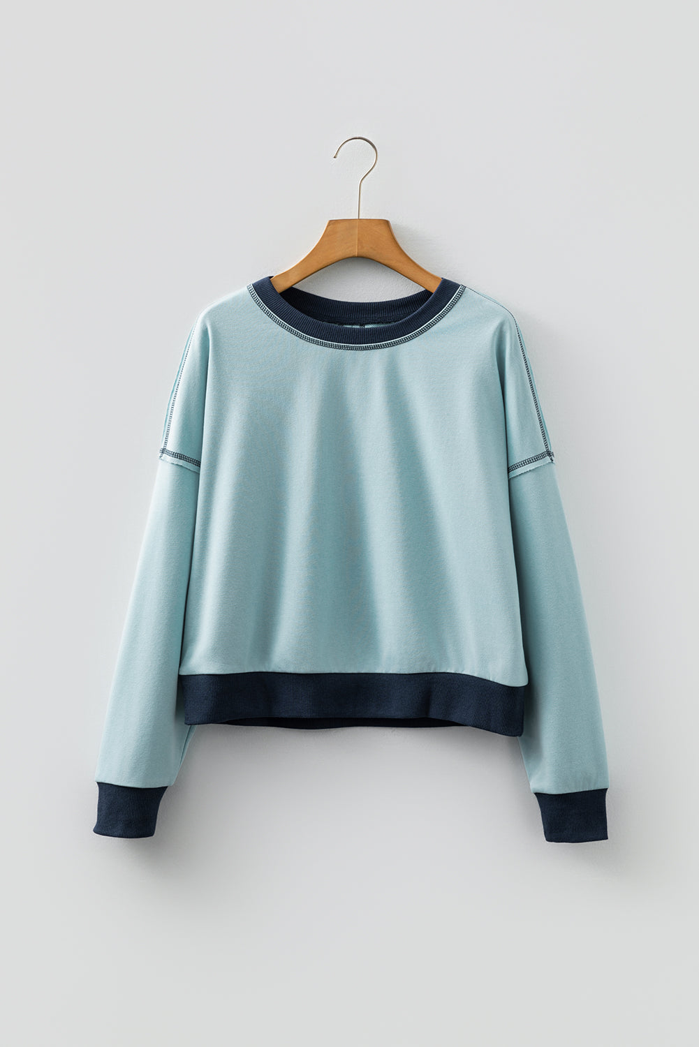 Iceland Blue Contrast Edge Colorblock Patchwork Crop Sweatshirt-Tops/Sweatshirts & Hoodies-[Adult]-[Female]-2022 Online Blue Zone Planet