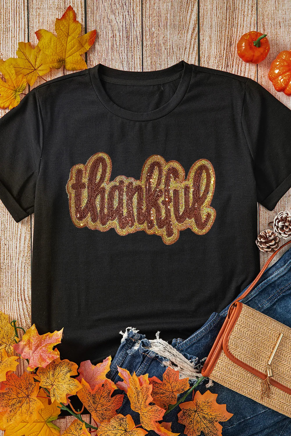 THANKFUL Sequin Round Neck Short Sleeve T-Shirt-TOPS / DRESSES-[Adult]-[Female]-2022 Online Blue Zone Planet