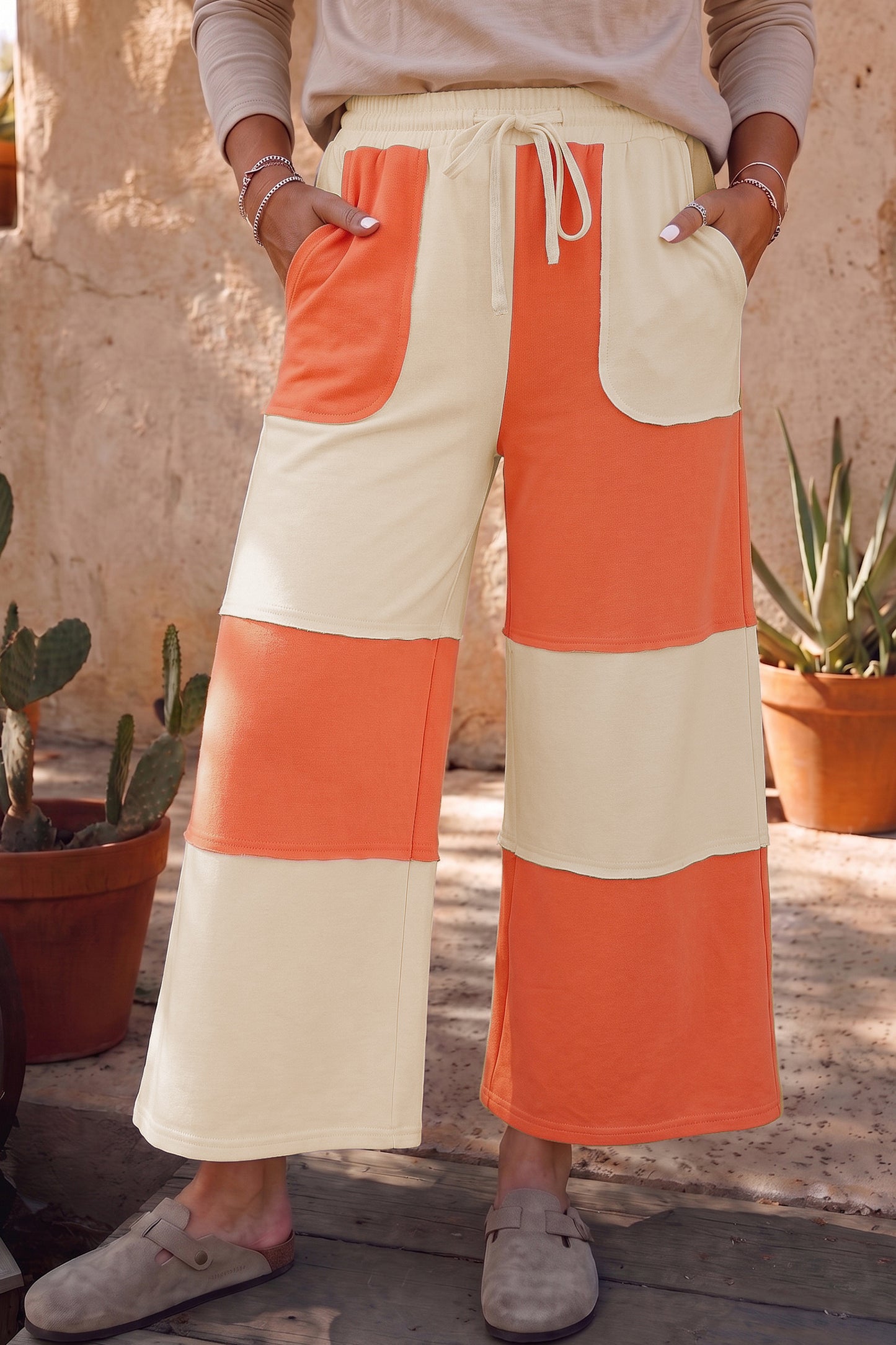 Russet Orange Raw Seam Colorblock Wide Leg Ankle Length Casual Pants-Bottoms/Pants & Culotte-[Adult]-[Female]-2022 Online Blue Zone Planet
