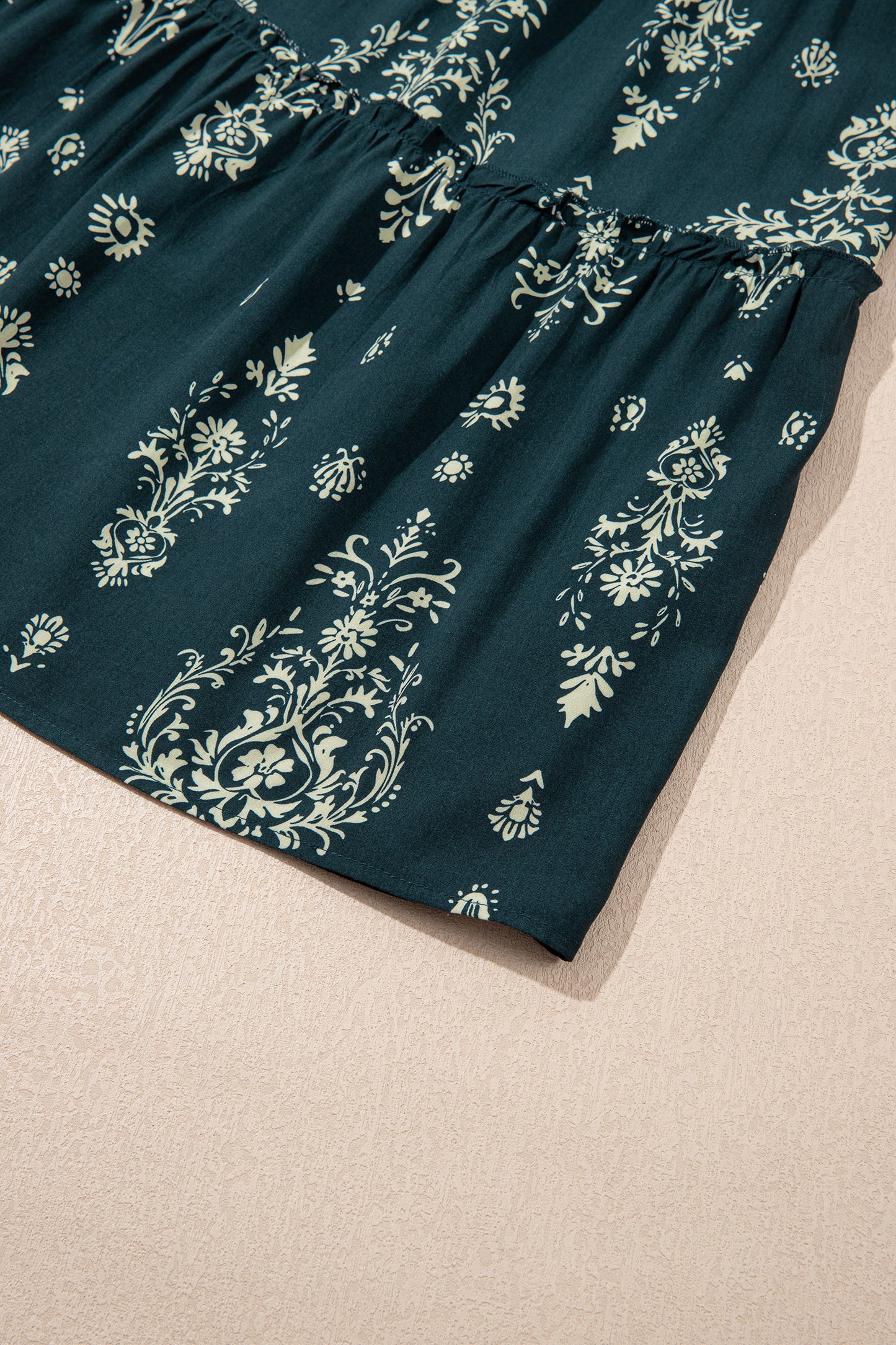 Blue Boho Floral Print Lettuce Trim 3/4 Sleeve Mini Dress-TOPS / DRESSES-[Adult]-[Female]-2022 Online Blue Zone Planet