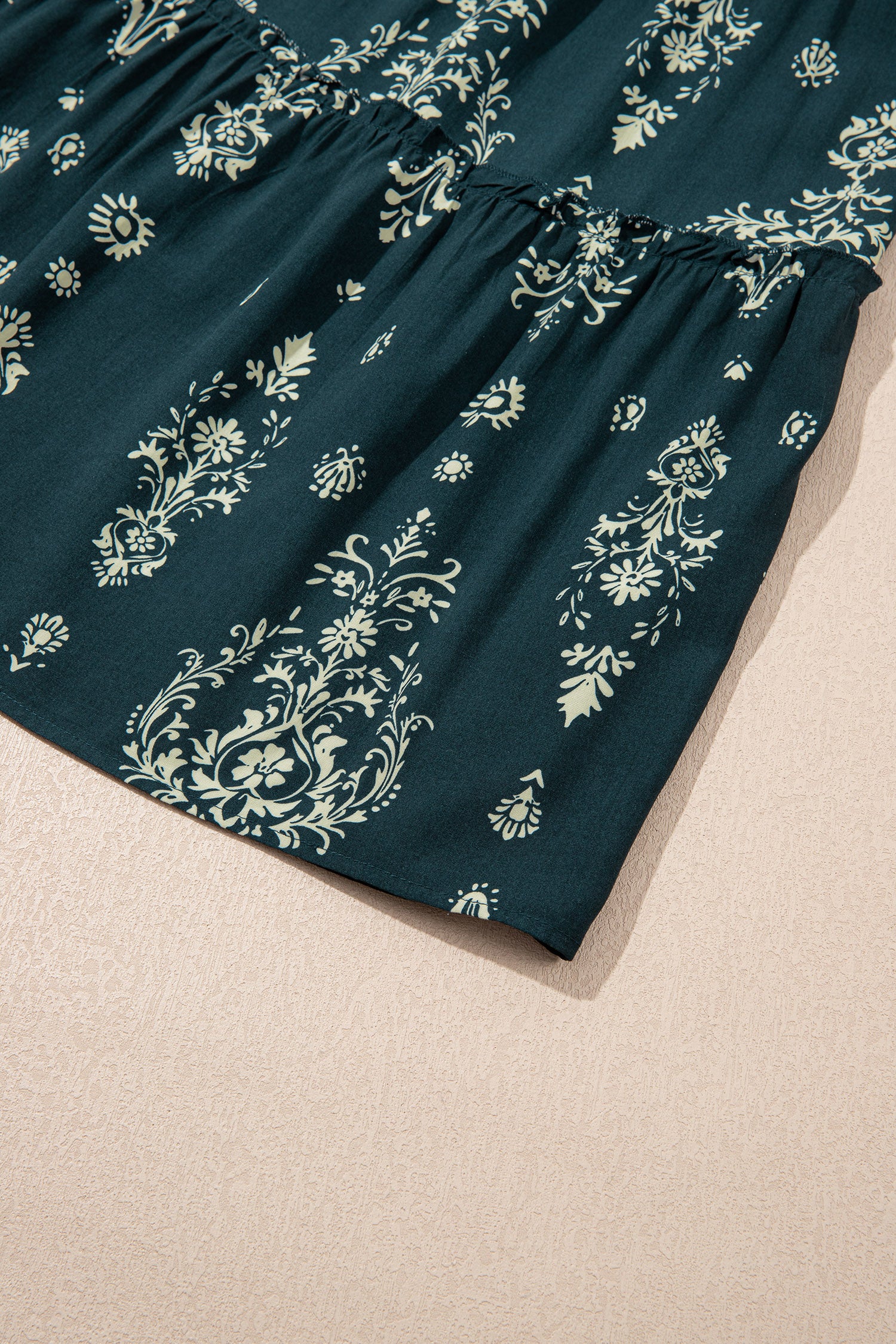 Blue Boho Floral Print Lettuce Trim 3/4 Sleeve Mini Dress-TOPS / DRESSES-[Adult]-[Female]-2022 Online Blue Zone Planet