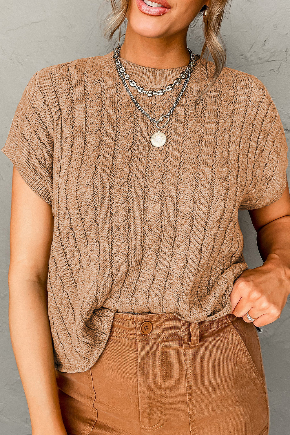 Gray Crew Neck Cable Knit Short Sleeve Sweater-TOPS / DRESSES-[Adult]-[Female]-Light French Beige-S-2022 Online Blue Zone Planet