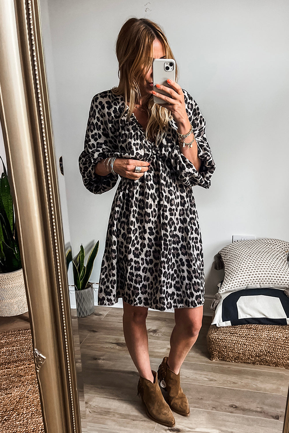 Pink Leopard Print Elasticated V Neck 3/4 Puff Sleeve Dress-Dresses/Mini Dresses-[Adult]-[Female]-2022 Online Blue Zone Planet