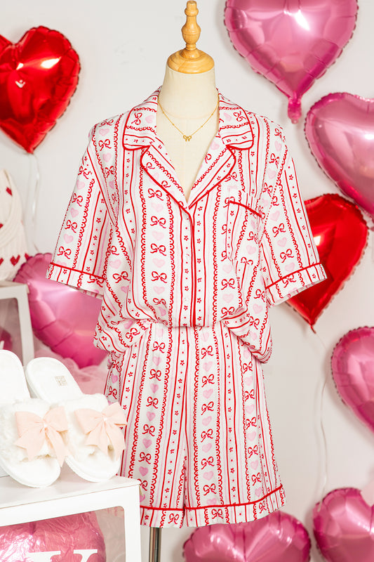 Red Cute Bow Heart Print Ribbon Decor Short 2pcs Pajama Set-Loungewear & Sleepwear/Sleepwear-[Adult]-[Female]-2022 Online Blue Zone Planet