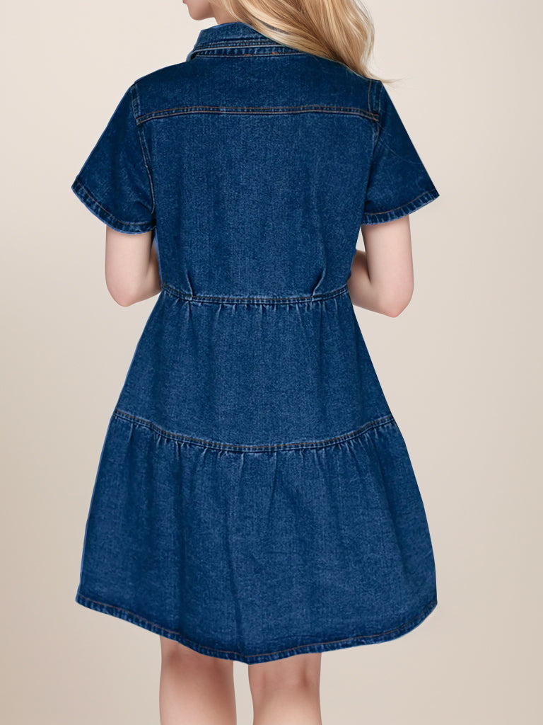 Button Up Short Sleeve Denim Dress-TOPS / DRESSES-[Adult]-[Female]-2022 Online Blue Zone Planet