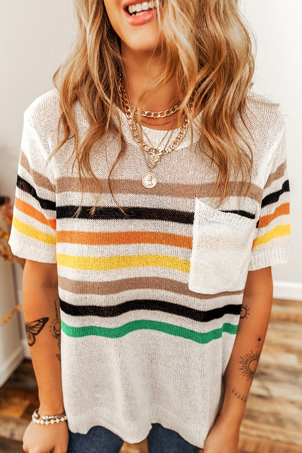 White Striped Pocketed Loose Fit Crewneck Knitted T Shirt-Sweaters & Cardigans/Short Sleeve Sweaters-[Adult]-[Female]-2022 Online Blue Zone Planet
