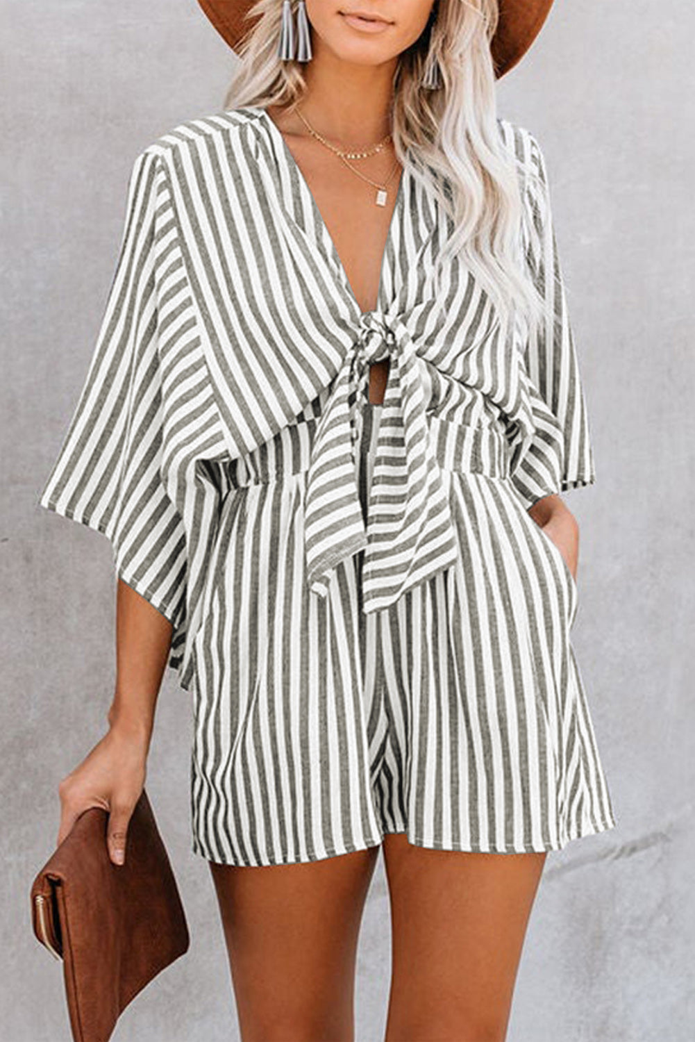 Blue Zone Planet | Bow Striped Kimono Sleeve Romper-TOPS / DRESSES-[Adult]-[Female]-2022 Online Blue Zone Planet