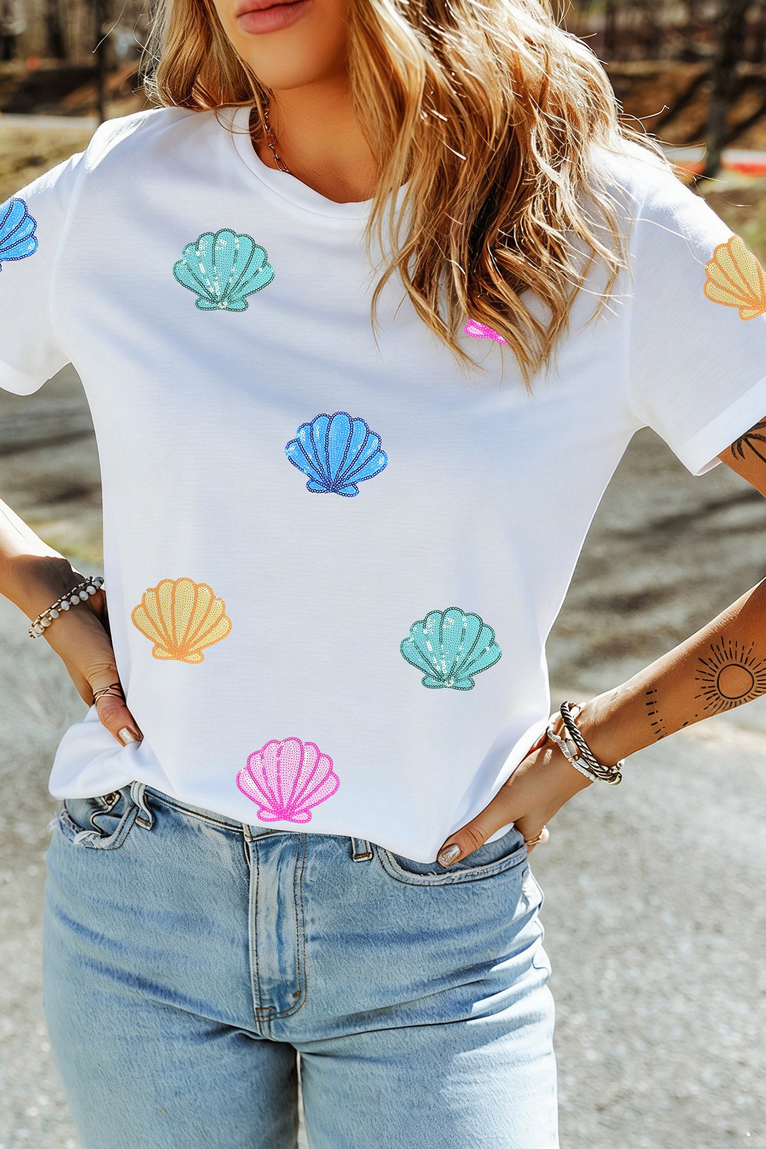 White Sequin Shell Graphic Summer Loose T Shirt-Graphic/Graphic Tees-[Adult]-[Female]-2022 Online Blue Zone Planet