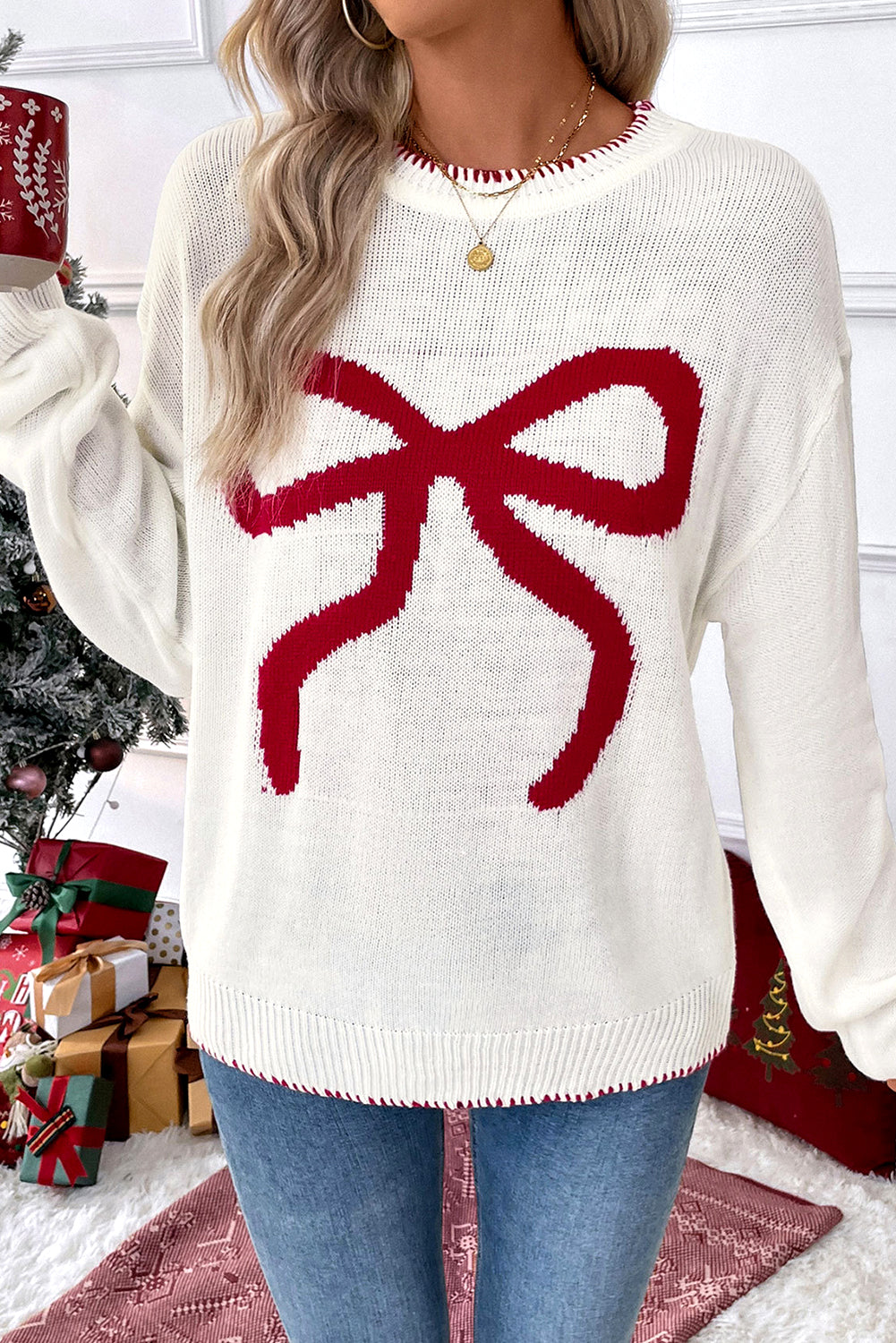 White Sweet Bow Long Sleeve Knit Sweater-Sweaters-[Adult]-[Female]-2022 Online Blue Zone Planet