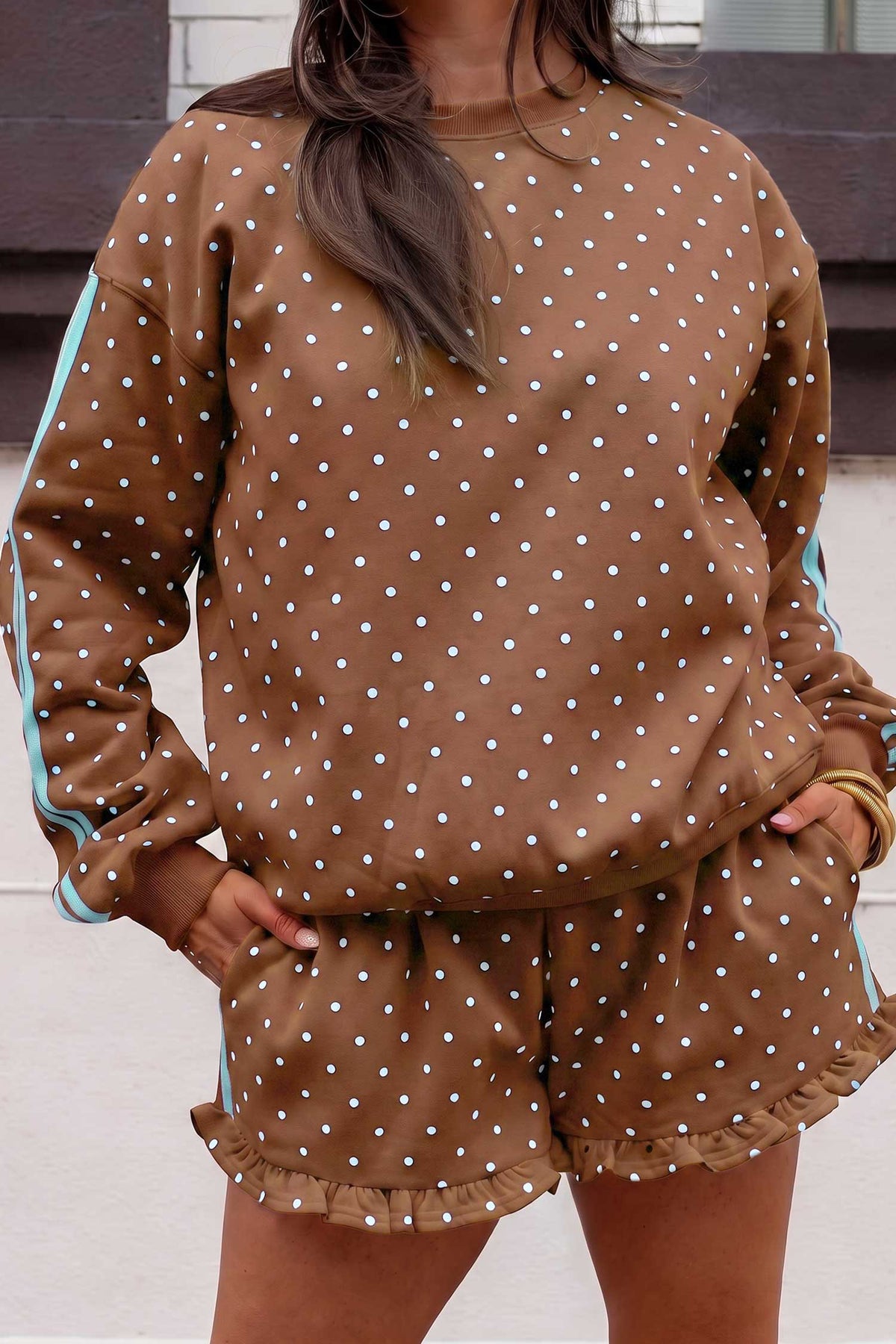 Brown Polka Dot Print Side Stripe Detail Casual Sweatshirt 2pcs Short Set-Two Piece Sets/Short Sets-[Adult]-[Female]-Brown-S-2022 Online Blue Zone Planet
