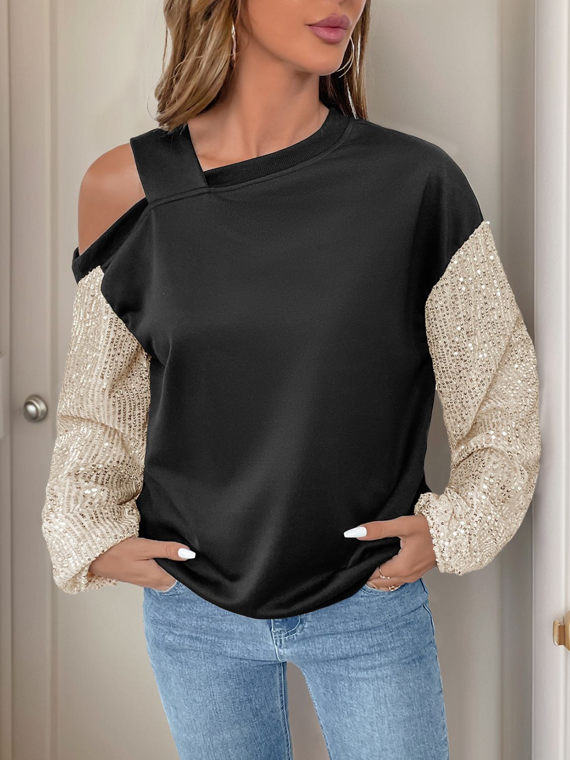 Perfee Sequin Asymmetrical Neck Long Sleeve Sweatshirt-TOPS / DRESSES-[Adult]-[Female]-2022 Online Blue Zone Planet