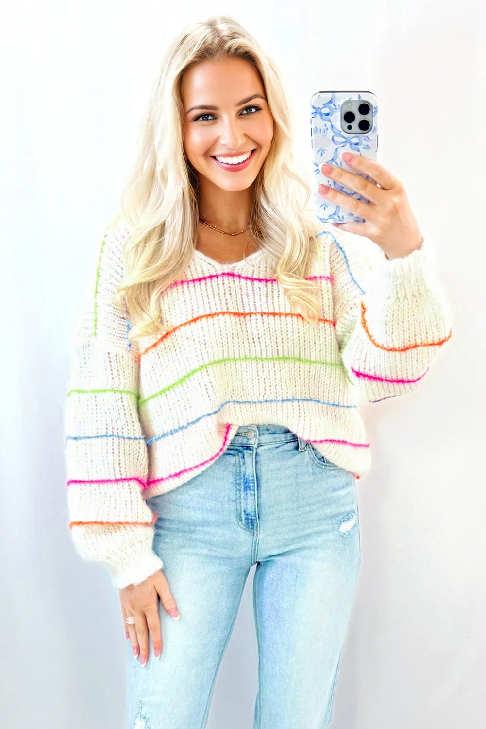 White Colorful Striped Detail V Neck Drop Shoulder Baggy Sweater-Sweaters & Cardigans/Sweaters-[Adult]-[Female]-2022 Online Blue Zone Planet