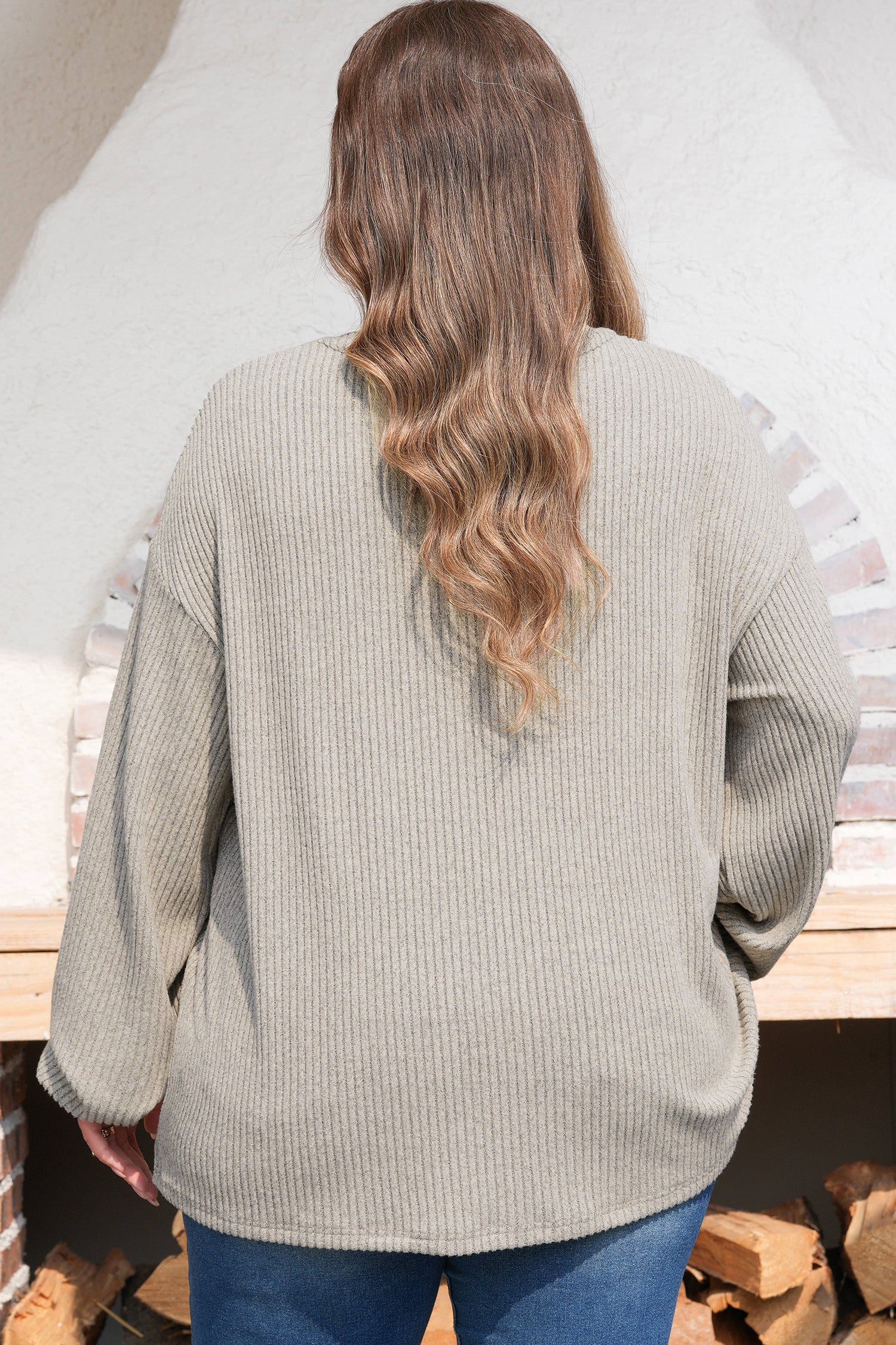 Simply Taupe Plus Size Ribbed Knit Kangaroo Pocket Henley Long Sleeve Top-Plus Size/Plus Size Tops/Plus Size Long Sleeve Tops-[Adult]-[Female]-2022 Online Blue Zone Planet