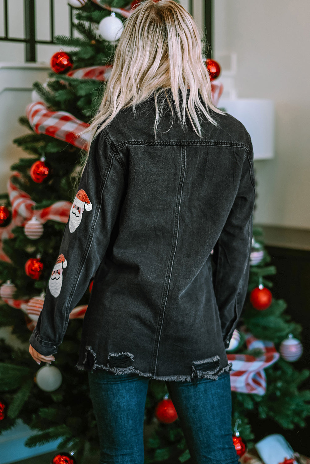 Black Sequined Santa Claus Graphic Frayed Denim Jacket-Outerwear/Denim jackets-[Adult]-[Female]-2022 Online Blue Zone Planet