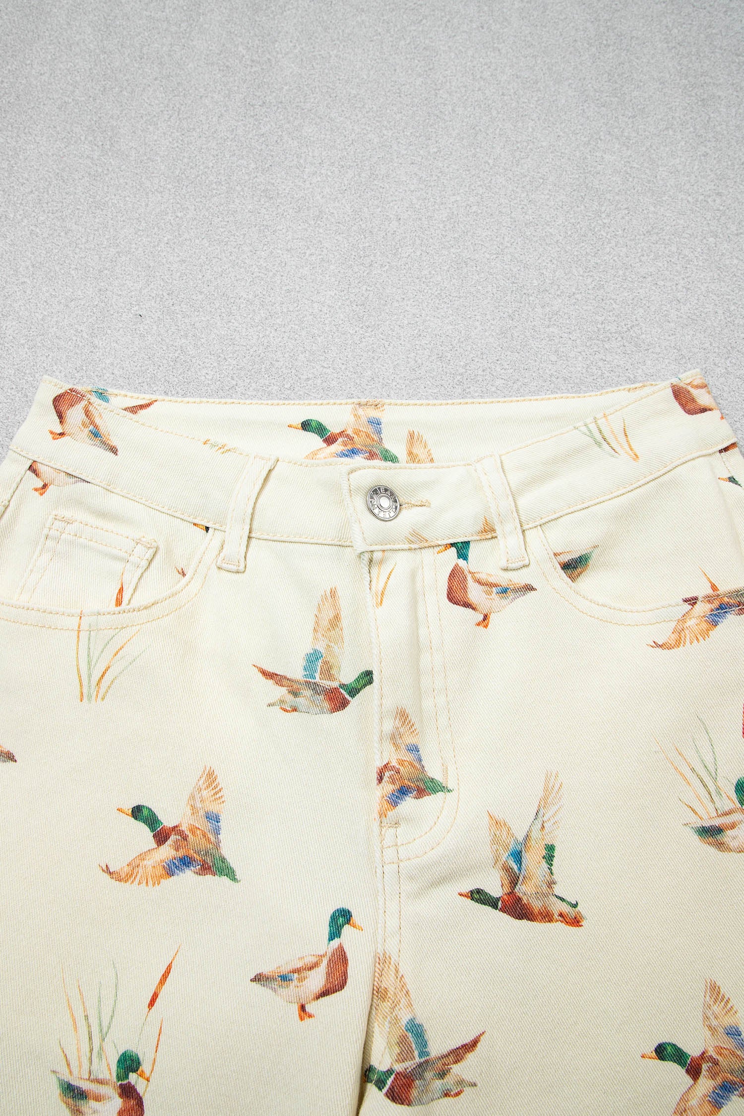 Beige Stylish Mallard Printed Cuffed Hem Shift Jeans-Bottoms/Jeans-[Adult]-[Female]-2022 Online Blue Zone Planet