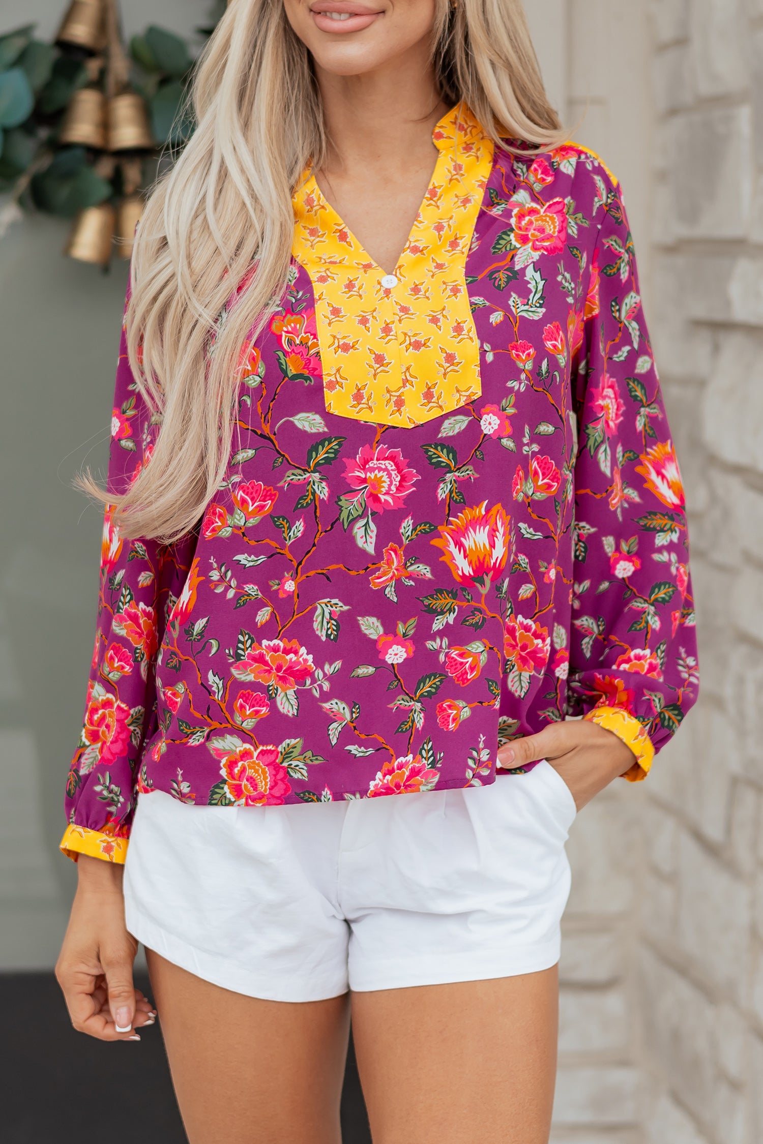Rose Contrast Placket Split V Neck Floral Blouse-Tops/Blouses & Shirts-[Adult]-[Female]-2022 Online Blue Zone Planet