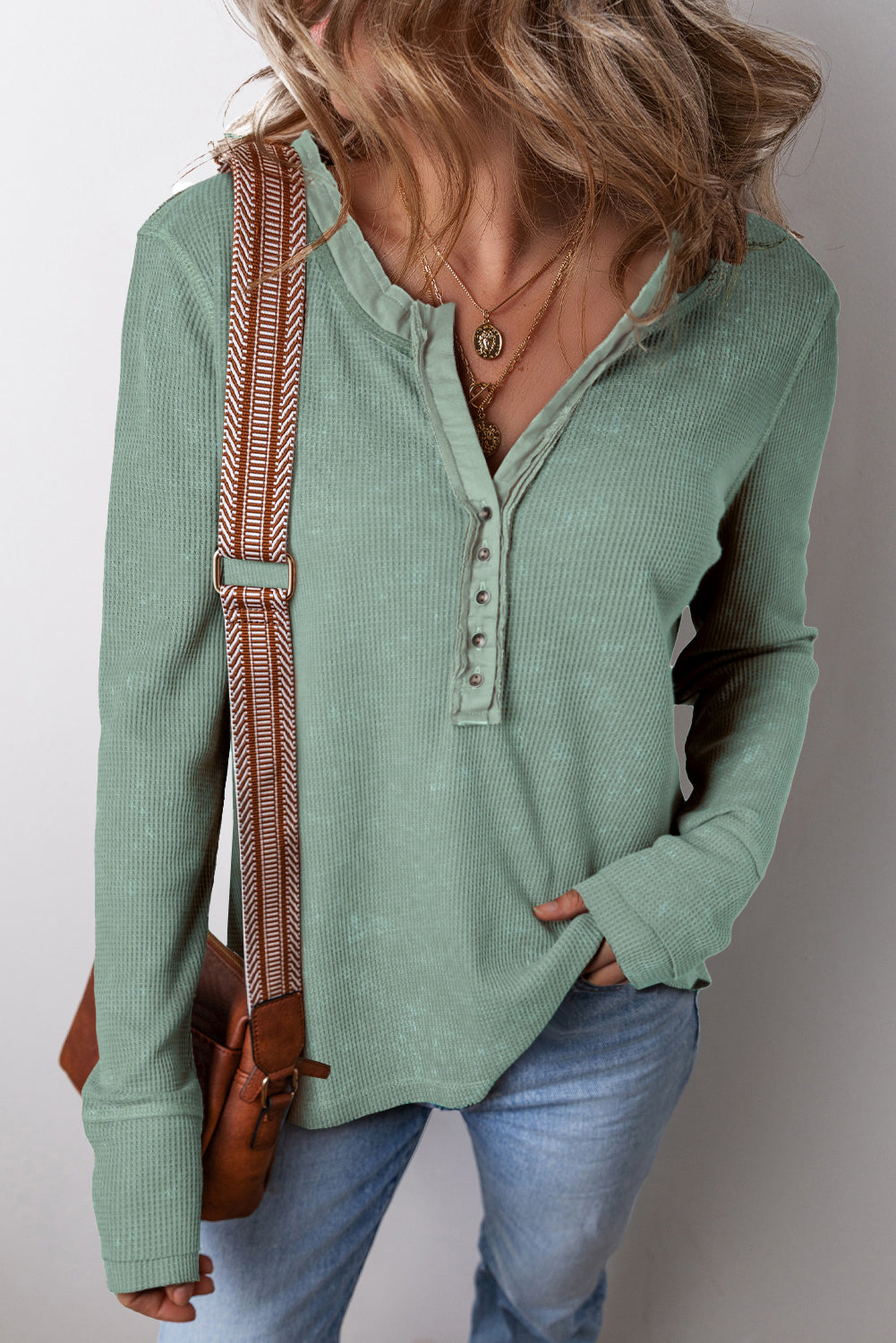 Smoke Green Acid Wash Waffle Knit Buttoned Neckline Long Sleeve Top-Tops/Long Sleeve Tops-[Adult]-[Female]-Smoke Green-S-2022 Online Blue Zone Planet