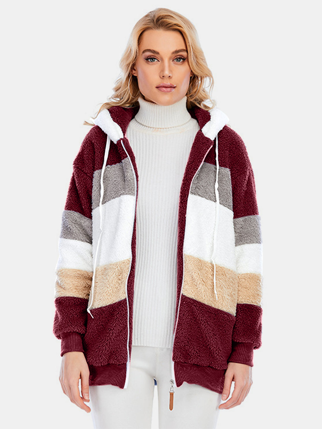 Blue Zone Planet | Full Size Drawstring Color Block Zip Up Hooded Outerwear-TOPS / DRESSES-[Adult]-[Female]-Burgundy-S-2022 Online Blue Zone Planet