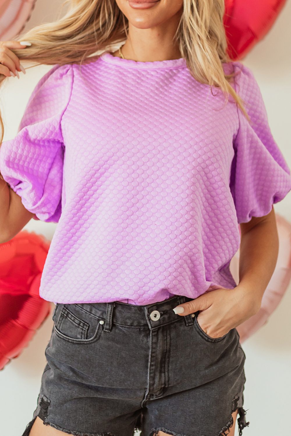 Textured Round Neck Puff Sleeve Blouse-TOPS / DRESSES-[Adult]-[Female]-Pink Purple-S-2022 Online Blue Zone Planet