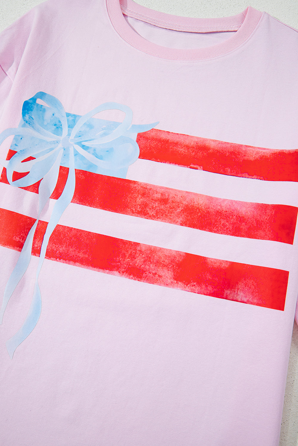 Light Pink Flag Bow Graphic Crewneck Tee-Tops/Tops & Tees-[Adult]-[Female]-2022 Online Blue Zone Planet