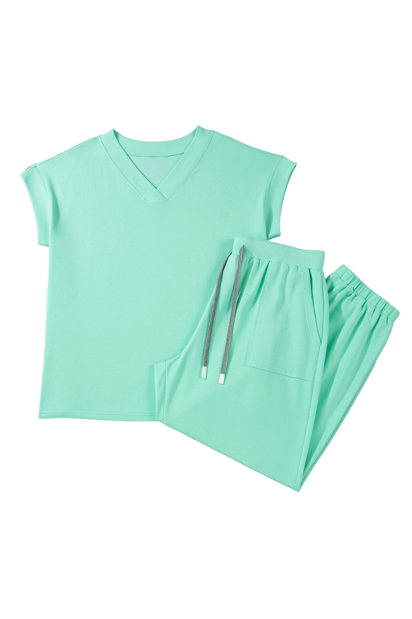 Bonbon Solid V-Neck Tee and Drawstring Plus Size Pants Set-Plus Size/Plus Size Loungewear-[Adult]-[Female]-2022 Online Blue Zone Planet