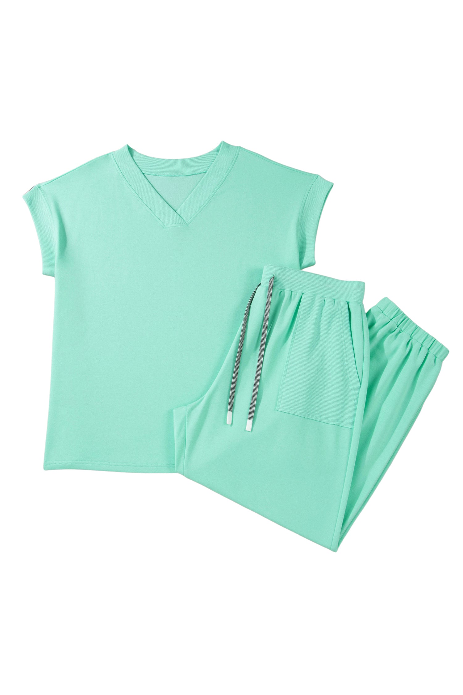 Bonbon Solid V-Neck Tee and Drawstring Plus Size Pants Set-Plus Size/Plus Size Loungewear-[Adult]-[Female]-2022 Online Blue Zone Planet