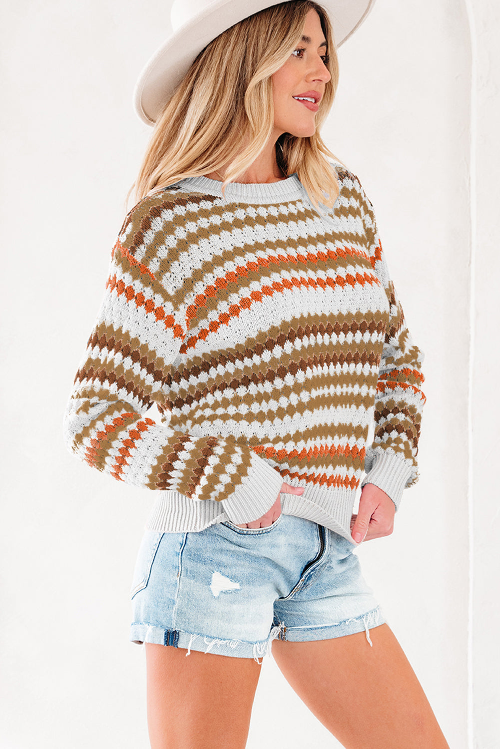 Brown Stripe Eyelet Patterned Drop Shoulder Sweater-Sweaters & Cardigans/Sweaters-[Adult]-[Female]-2022 Online Blue Zone Planet