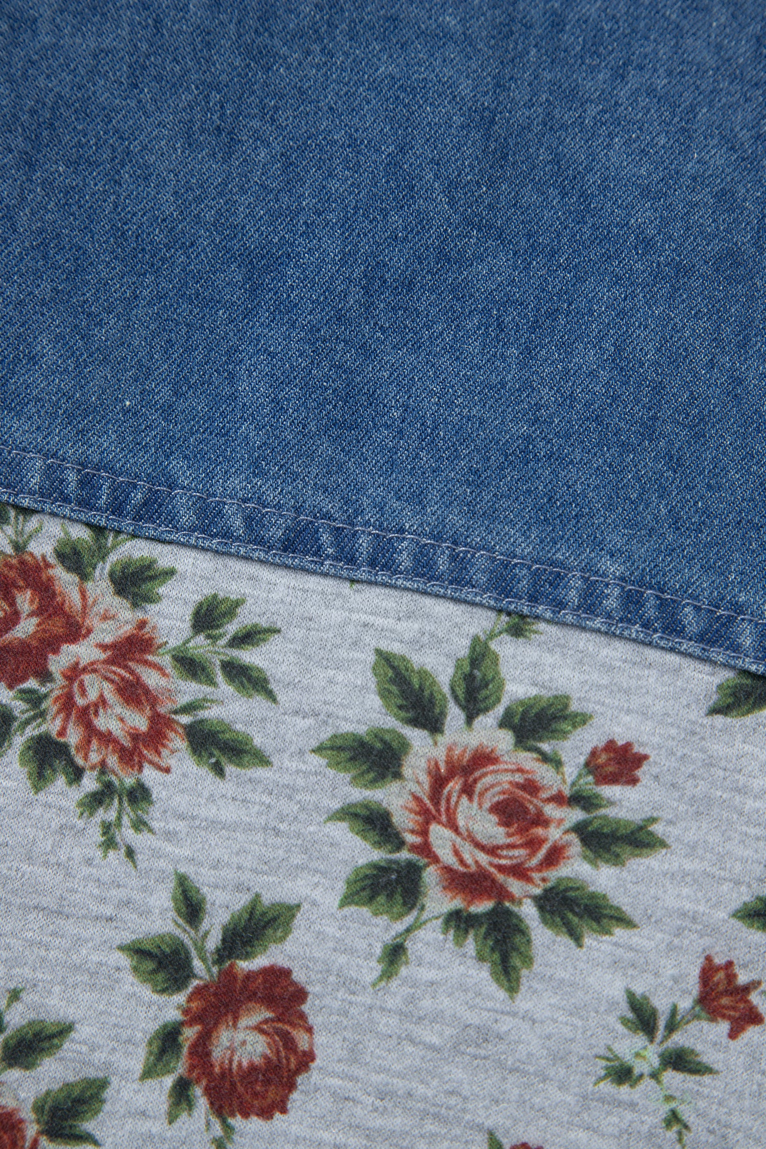 Gray Retro Floral Print Denim Patchwork Plus Size Polo Tee-Plus Size/Plus Size Tops/Plus Size Tops & Tees-[Adult]-[Female]-2022 Online Blue Zone Planet