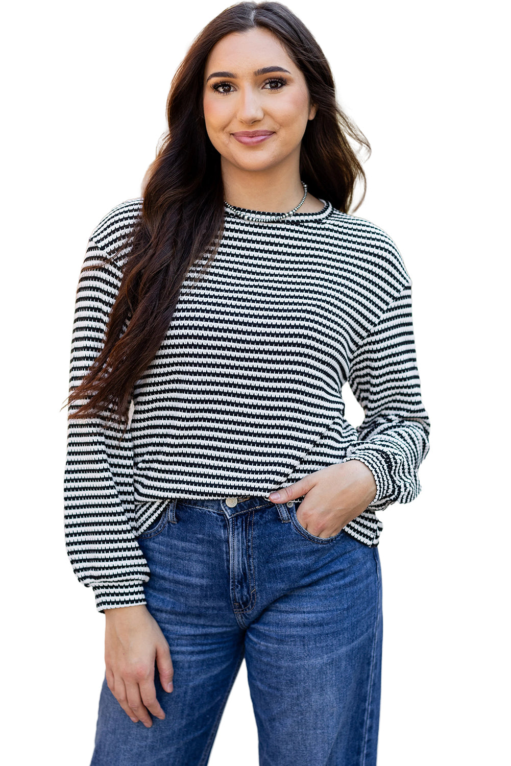 Blue Zone Planet | Rose Stripe Round Neck Drop Shoulder Long Sleeve Top-Tops/Long Sleeve Tops-[Adult]-[Female]-2022 Online Blue Zone Planet