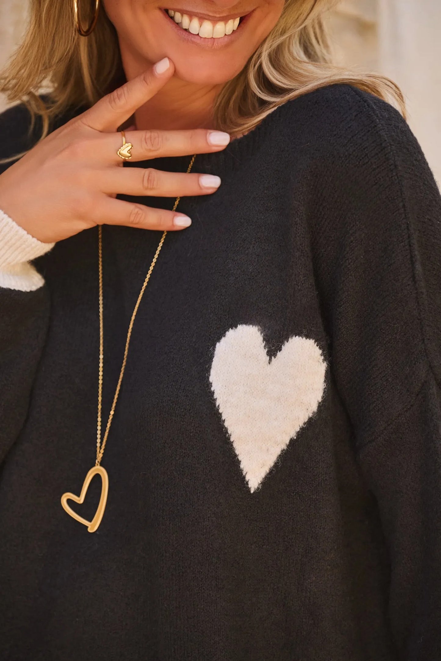Black Heart Detail Contrast Cuffs Baggy Sweater-TOPS / DRESSES-[Adult]-[Female]-2022 Online Blue Zone Planet