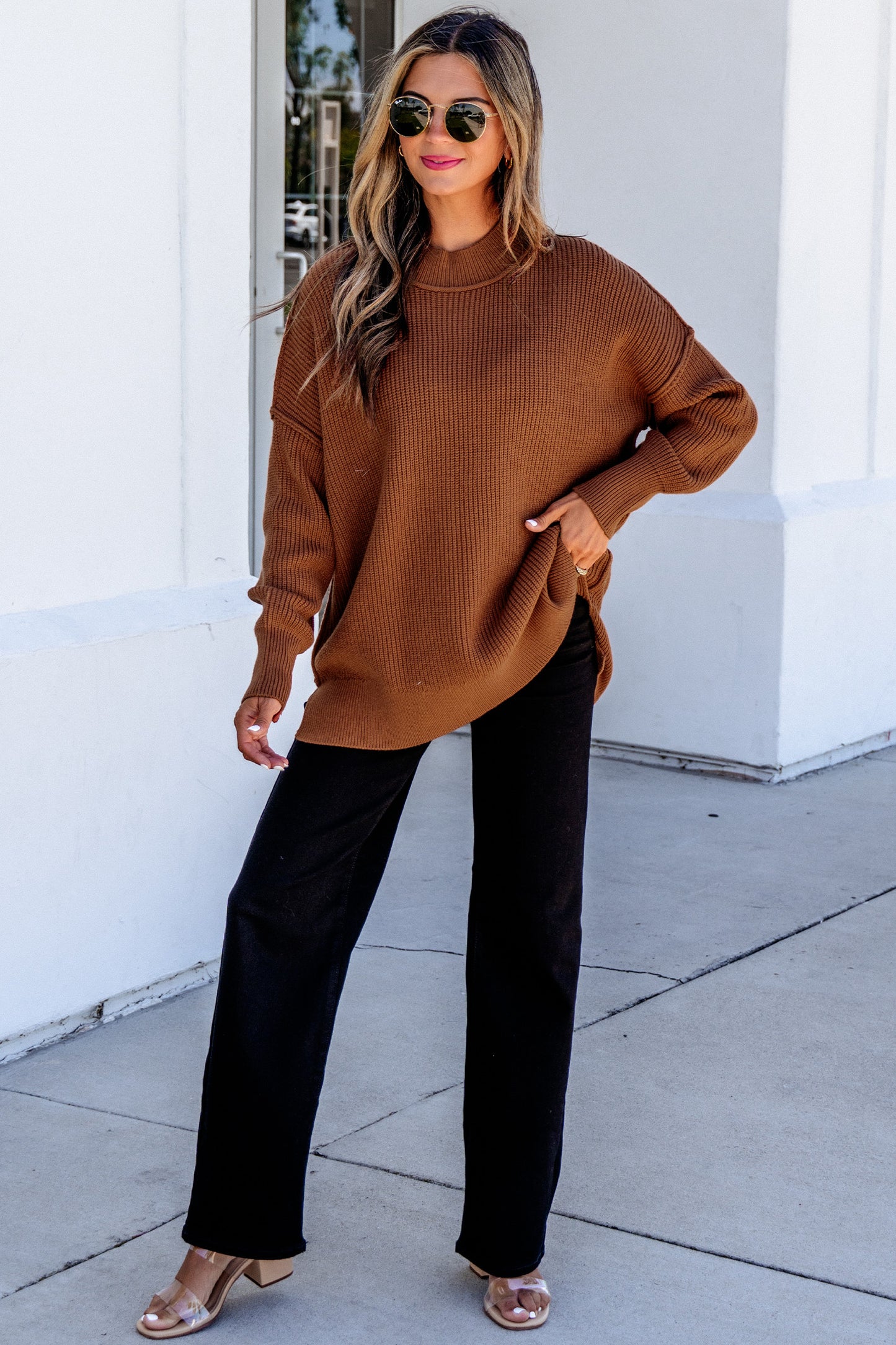 Chestnut Solid Color Mock Neck Oversized Tunic Sweater-TOPS / DRESSES-[Adult]-[Female]-2022 Online Blue Zone Planet