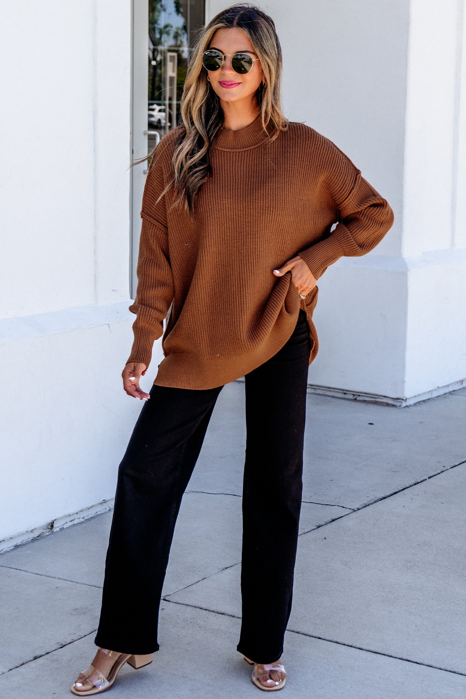 Chestnut Solid Color Mock Neck Oversized Tunic Sweater-TOPS / DRESSES-[Adult]-[Female]-2022 Online Blue Zone Planet