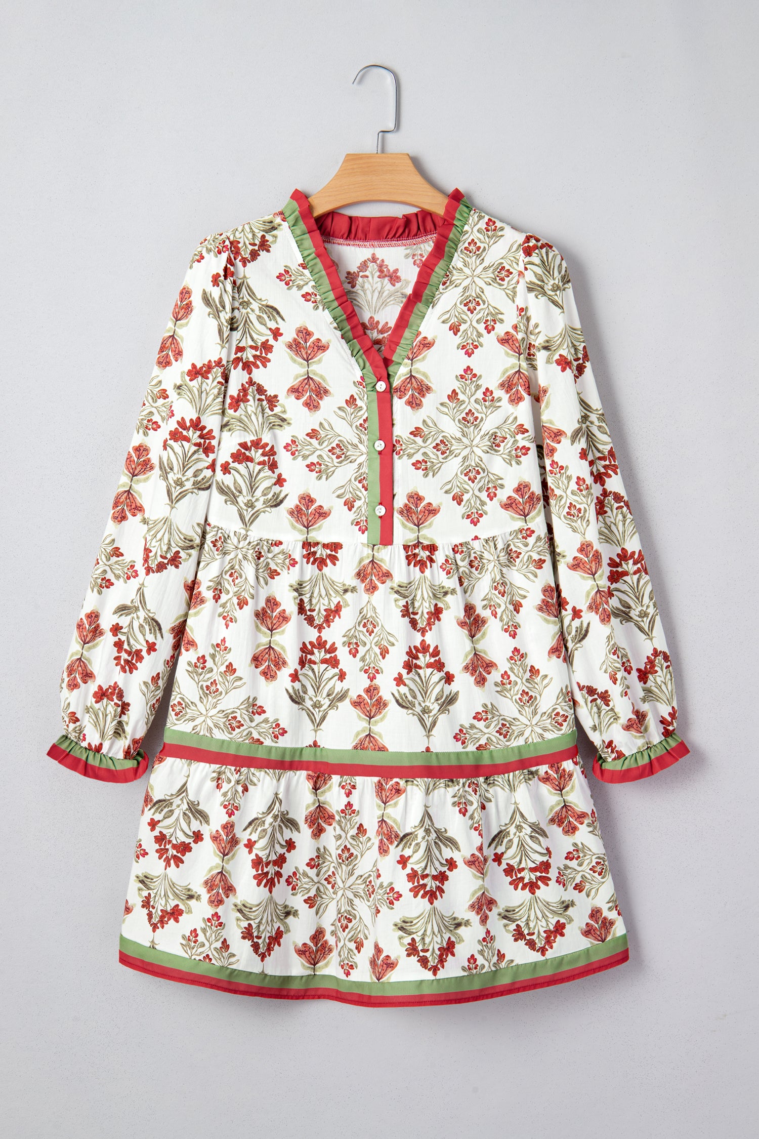 Pink Floral Print Contrast Trim Frilled Neck Long Sleeve Flared Dress-TOPS / DRESSES-[Adult]-[Female]-2022 Online Blue Zone Planet