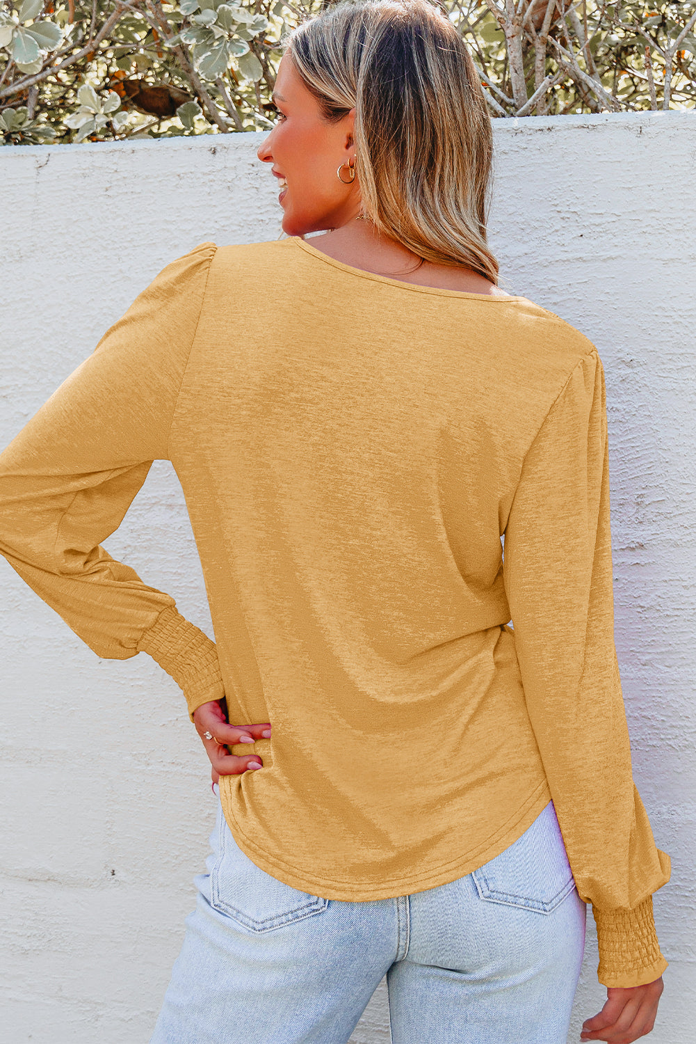 Beige Shirred Shoulder Frilled Cuffs Long Sleeve Top-Tops/Long Sleeve Tops-[Adult]-[Female]-2022 Online Blue Zone Planet