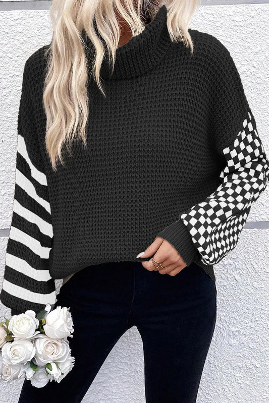 Checkered Striped Turtleneck Long Sleeve Sweater-TOPS / DRESSES-[Adult]-[Female]-Black-S-2022 Online Blue Zone Planet