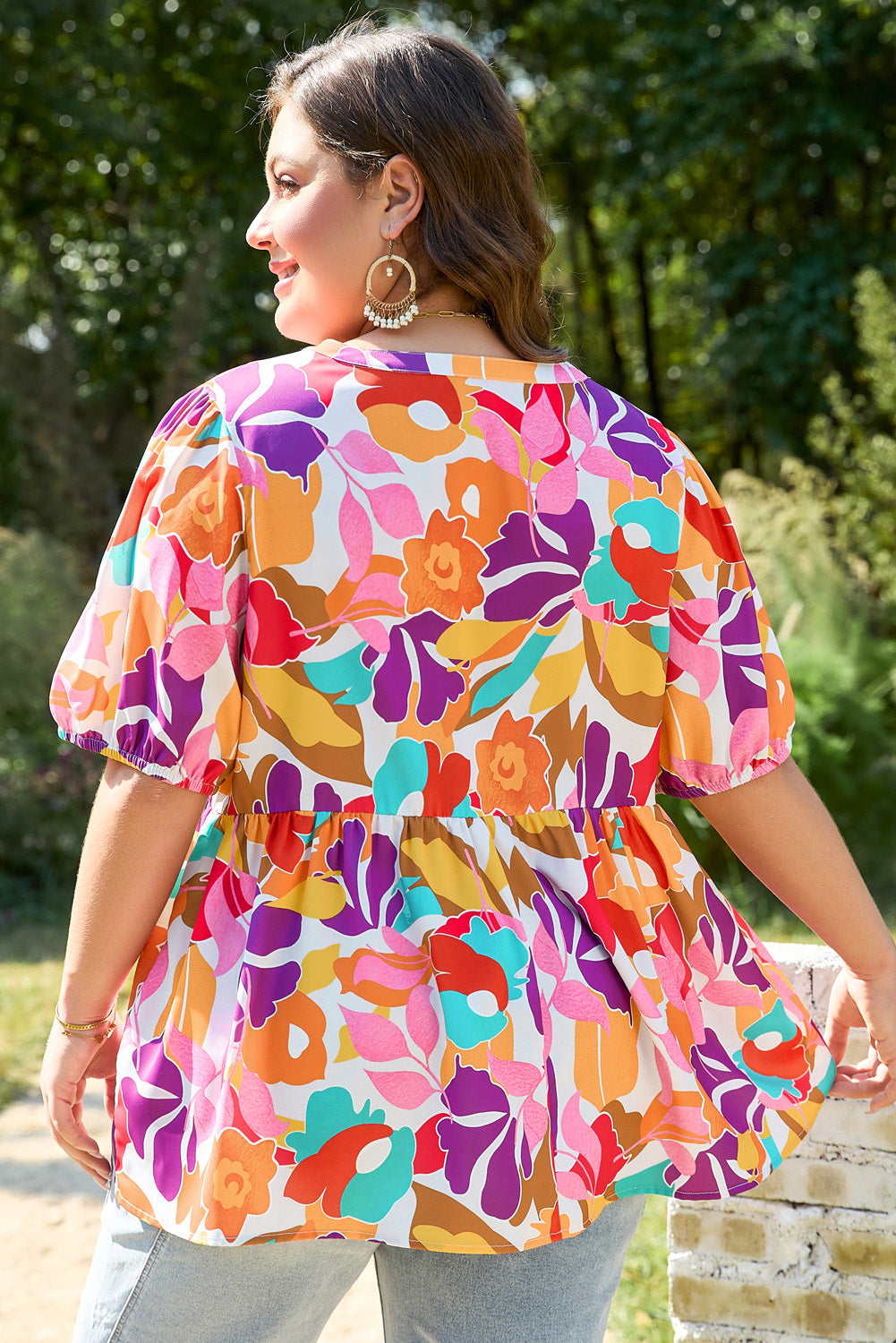 Pink Plus Size Floral Print V Neck Fit and Flare Blouse-Plus Size/Plus Size Tops/Plus Size Blouses & Shirts-[Adult]-[Female]-2022 Online Blue Zone Planet