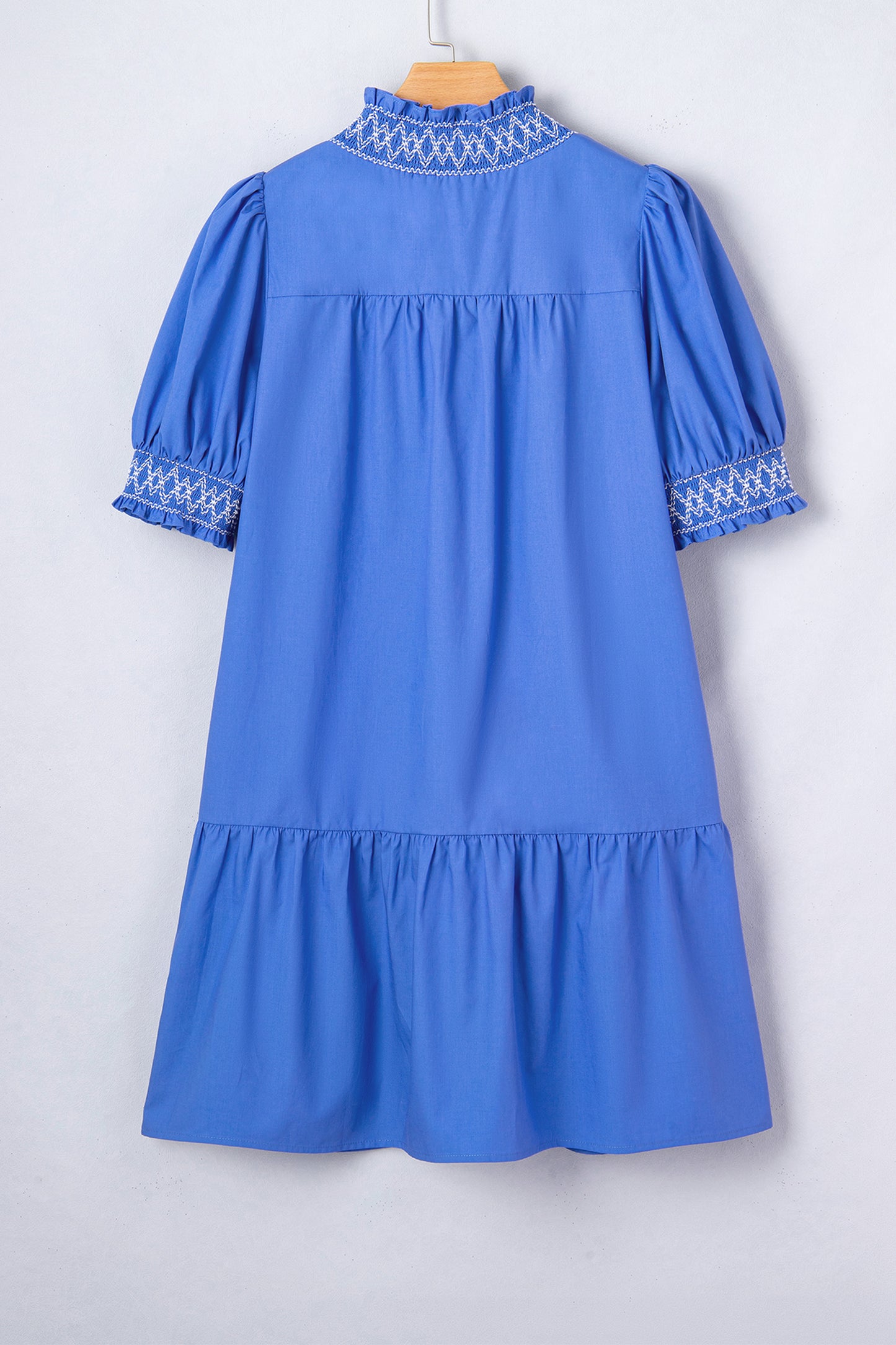 Sky Blue Embroidered Smocked Detail V Neck Short Puff Sleeve Mini Dress-Dresses/Mini Dresses-[Adult]-[Female]-2022 Online Blue Zone Planet