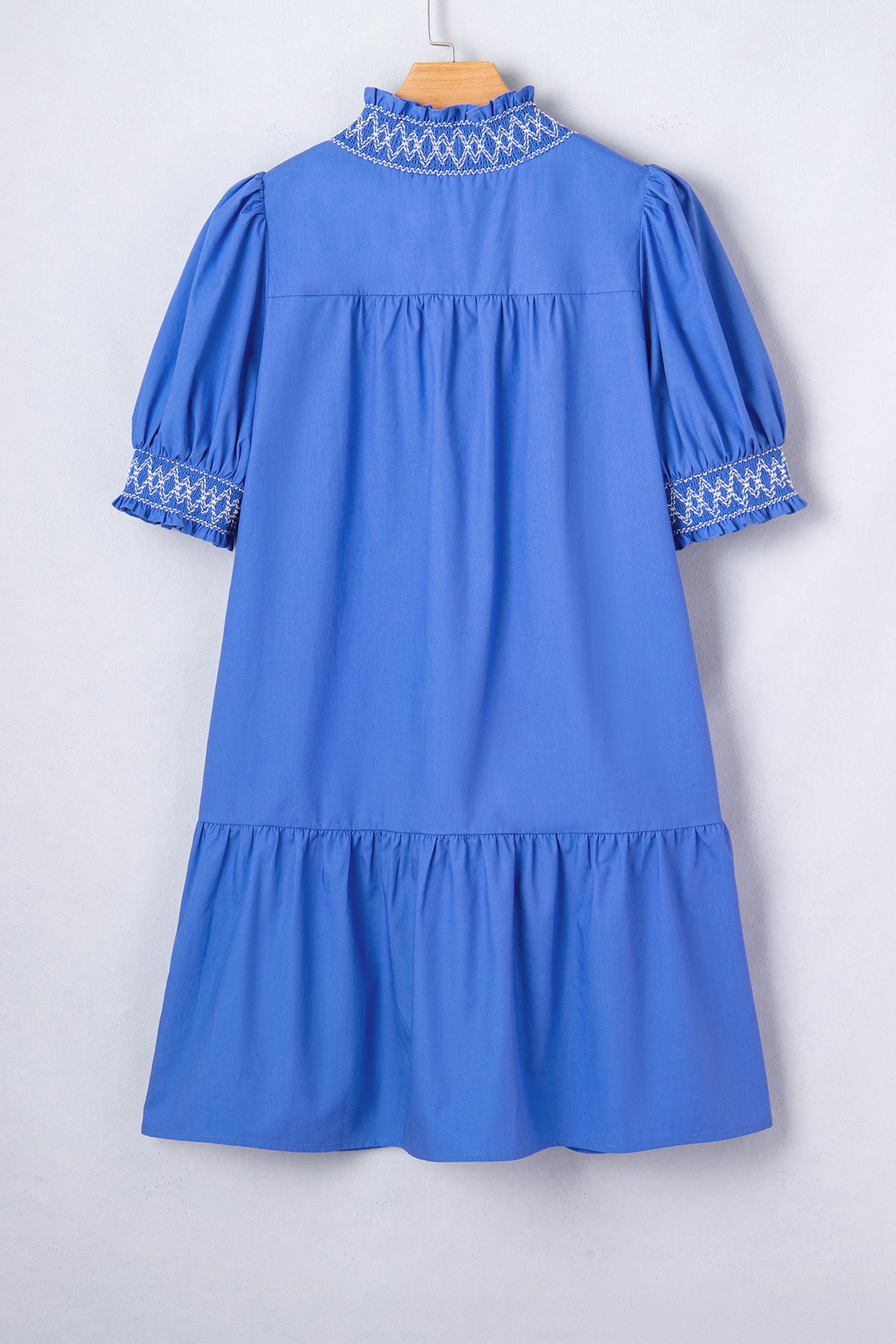 Sky Blue Embroidered Smocked Detail V Neck Short Puff Sleeve Mini Dress-Dresses/Mini Dresses-[Adult]-[Female]-2022 Online Blue Zone Planet