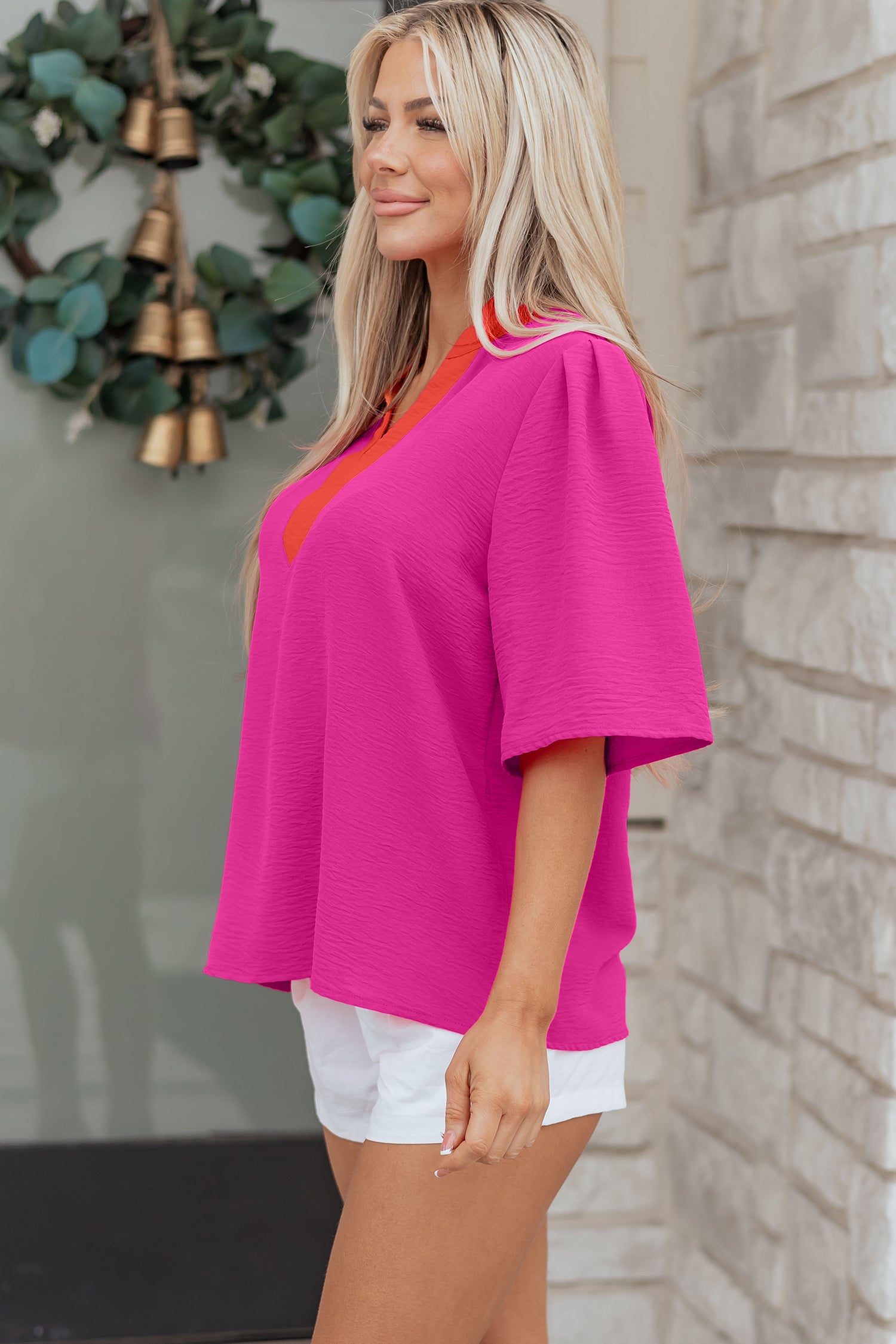 Rose Red Contrast V Neck Colorblock Wide Short Sleeve Top-Tops/Blouses & Shirts-[Adult]-[Female]-2022 Online Blue Zone Planet