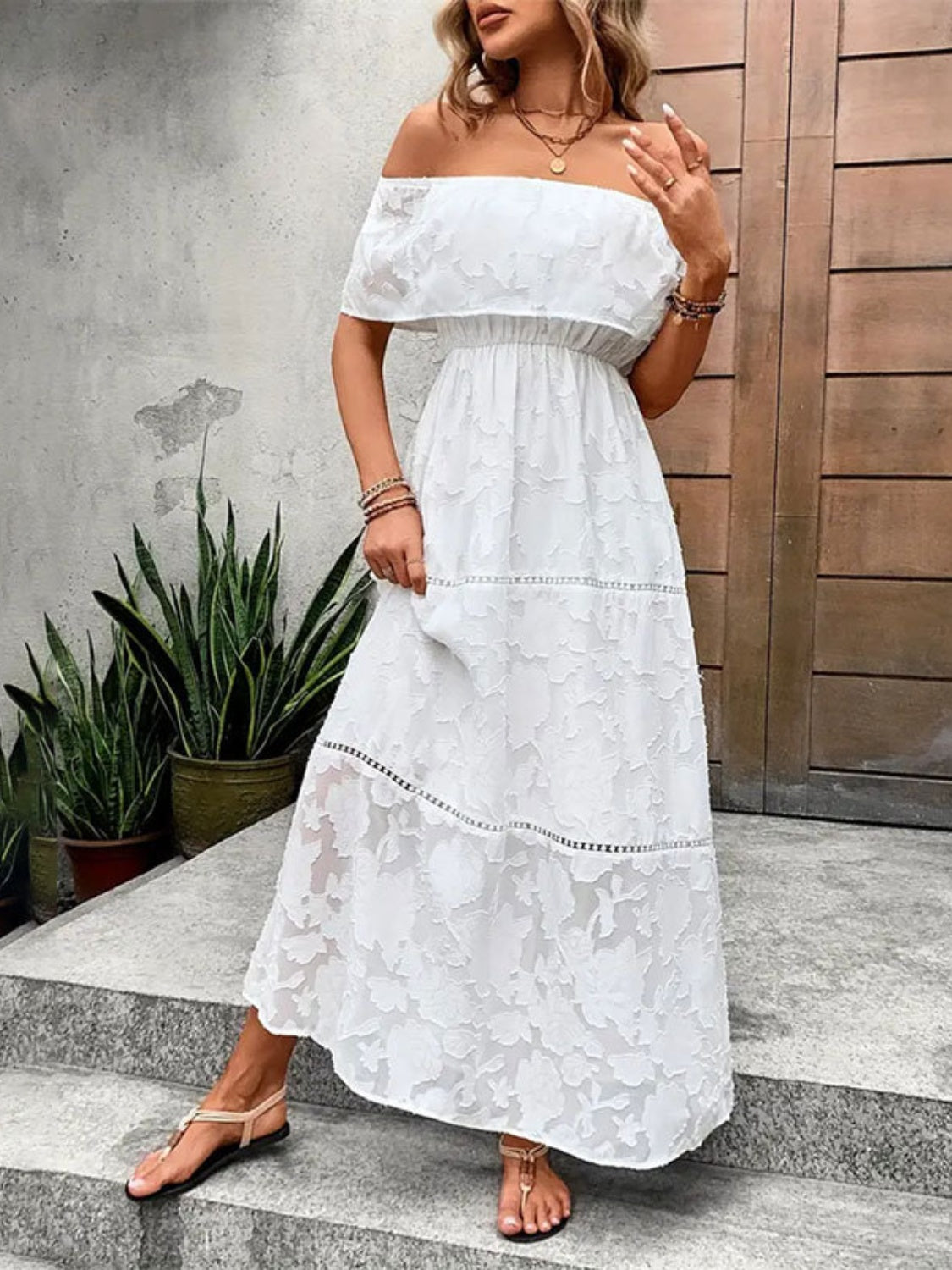 Off-Shoulder Short Sleeve Maxi Dress-TOPS / DRESSES-[Adult]-[Female]-2022 Online Blue Zone Planet