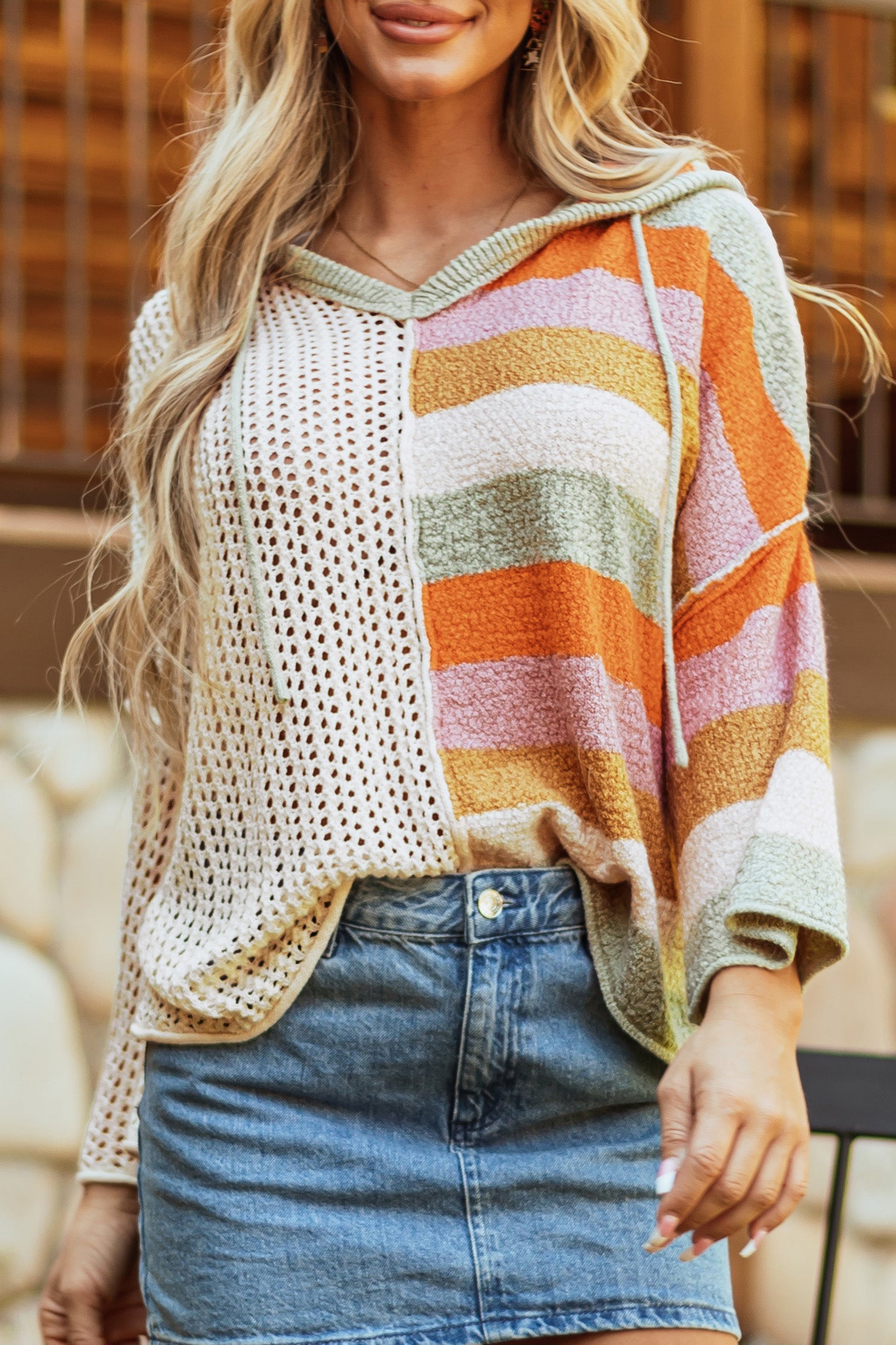 Blue Zone Planet | Beige Oversized Colorblock V Neck Hooded Sweater-Tops / Dresses-[Adult]-[Female]-2022 Online Blue Zone Planet