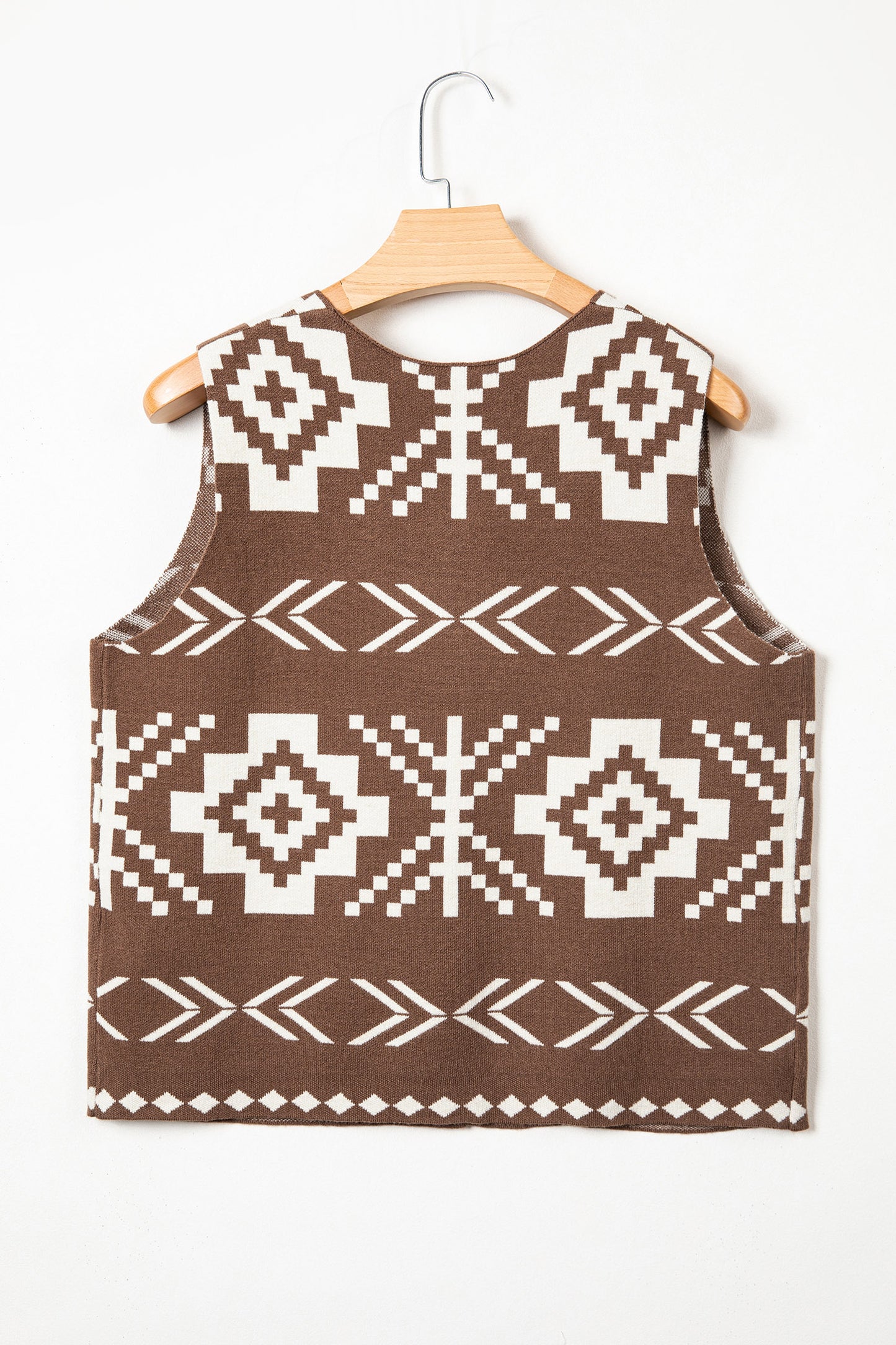 Brown Southwestern Aztec Button Square Neck Sweater Vest-Sweaters & Cardigans/Sweater Vests-[Adult]-[Female]-2022 Online Blue Zone Planet