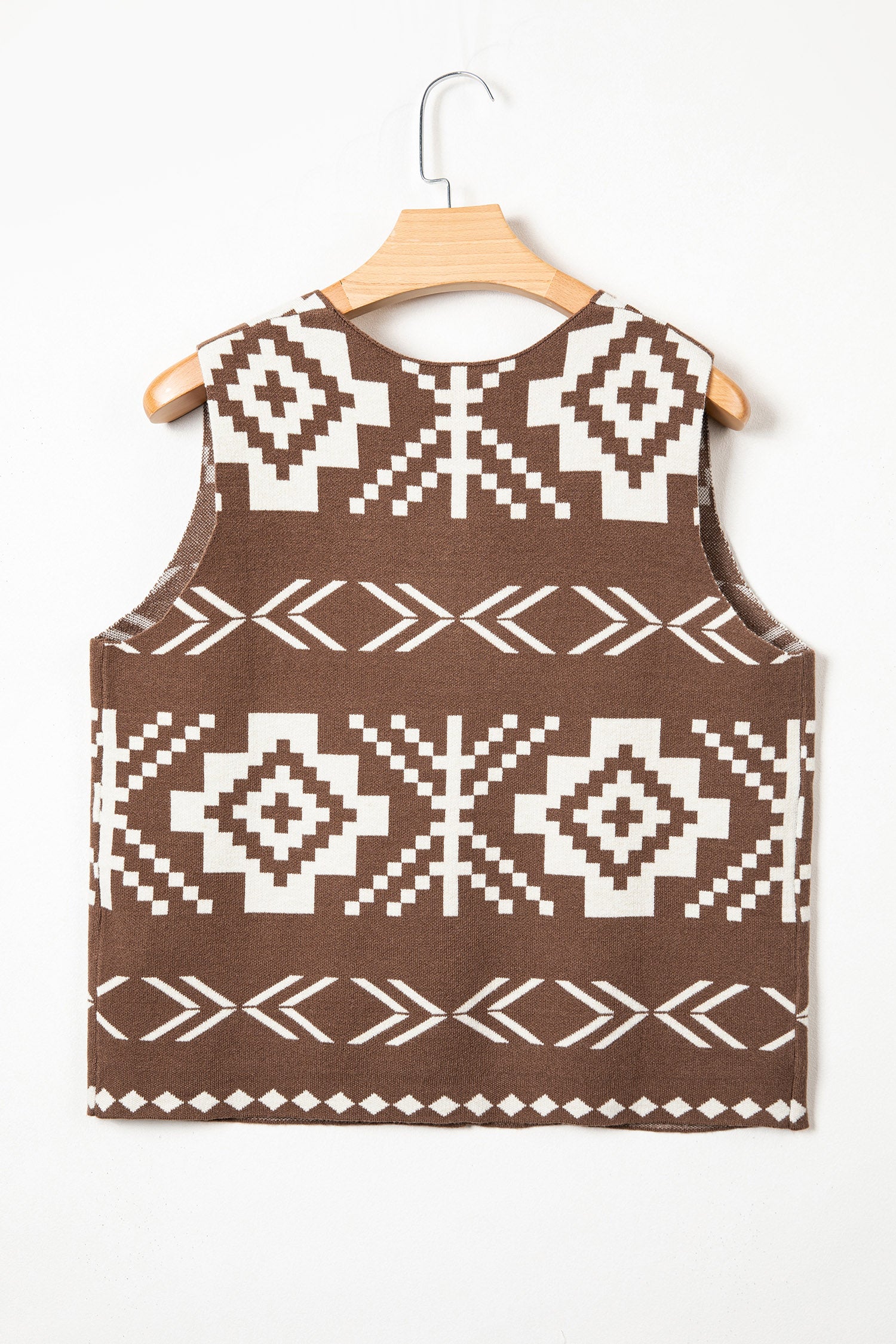 Brown Southwestern Aztec Button Square Neck Sweater Vest-Sweaters & Cardigans/Sweater Vests-[Adult]-[Female]-2022 Online Blue Zone Planet