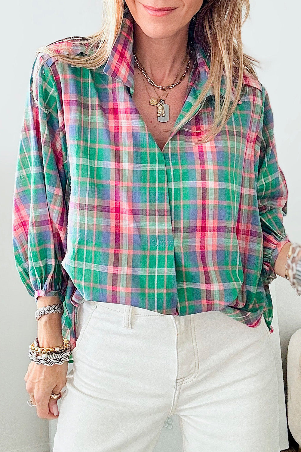 Green Checkered 3/4 Sleeve Collared Loose Fit Shirt-Tops/Blouses & Shirts-[Adult]-[Female]-Green-S-2022 Online Blue Zone Planet