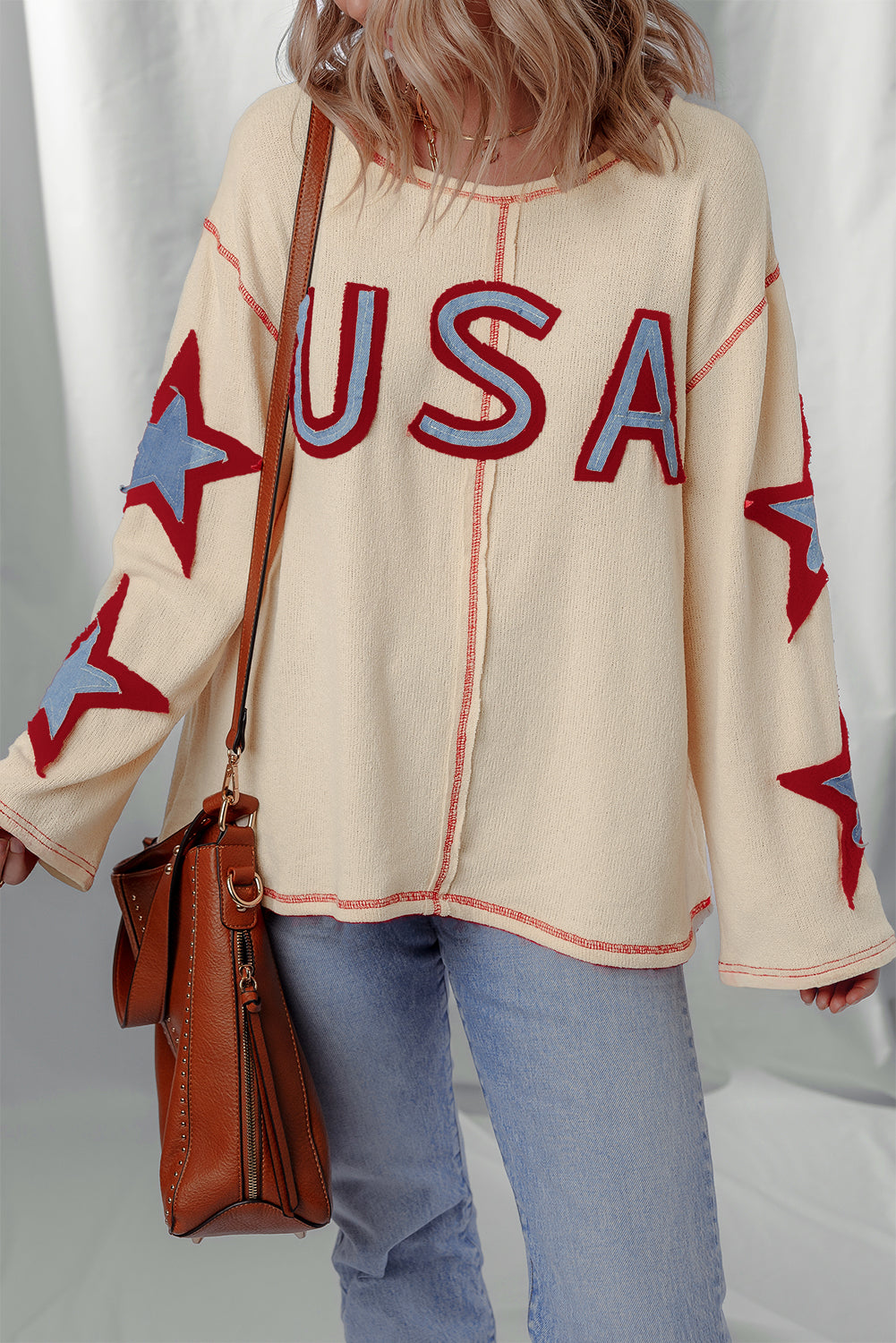 Beige USA Star Contrast Patchwork Exposed Seam Long Sleeve Top-Tops/Long Sleeve Tops-[Adult]-[Female]-Beige-S-2022 Online Blue Zone Planet