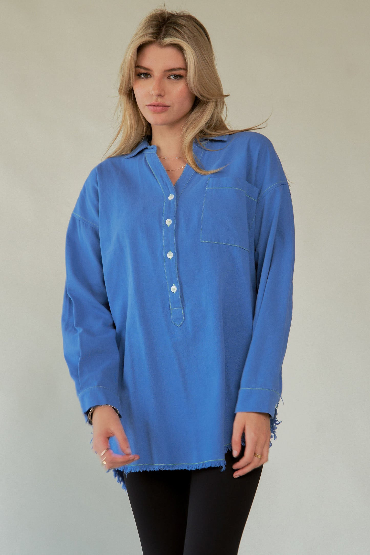 Davi & Dani Letter Back Raw Hem Half Button Shirt-TOPS / DRESSES-[Adult]-[Female]-2022 Online Blue Zone Planet