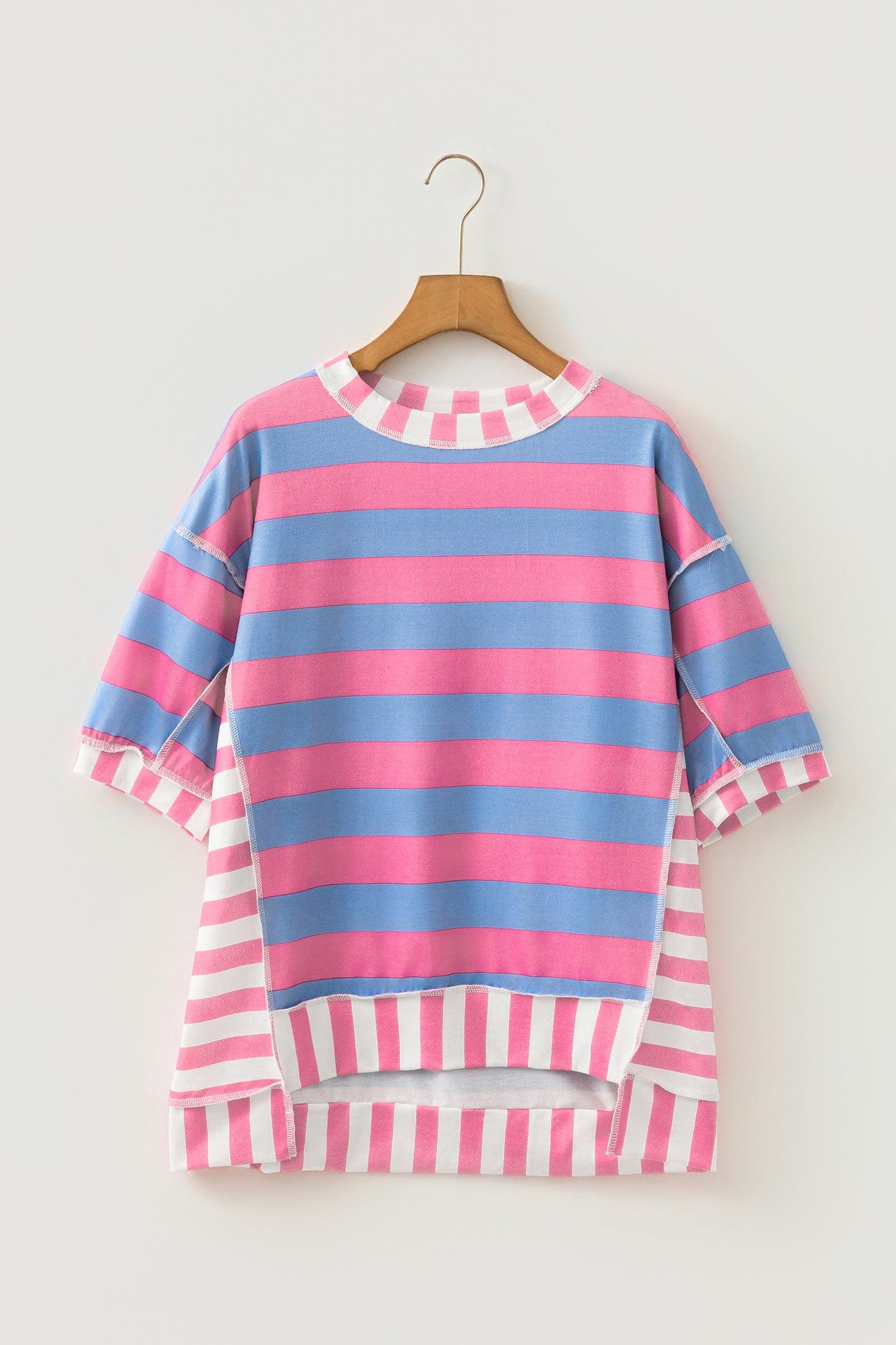 Pink Stripe Exposed Seam Contrast Patchwork Oversized Top-Tops/Tops & Tees-[Adult]-[Female]-2022 Online Blue Zone Planet