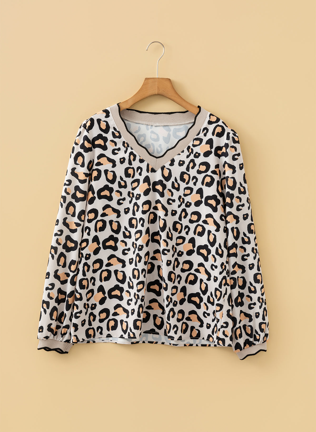 Khaki Leopard Print Contrast Scalloped V Neck Long Sleeve Blouse-Tops/Blouses & Shirts-[Adult]-[Female]-2022 Online Blue Zone Planet