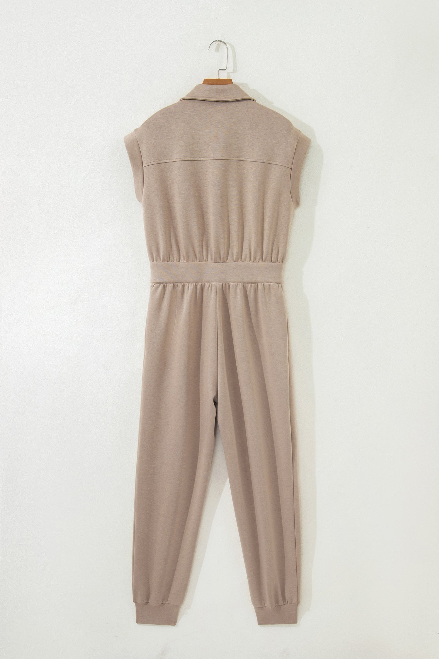 Dark Khaki Solid Color Zip Front Short Sleeve Collared Jumpsuit-Bottoms/Jumpsuits & Rompers-[Adult]-[Female]-2022 Online Blue Zone Planet